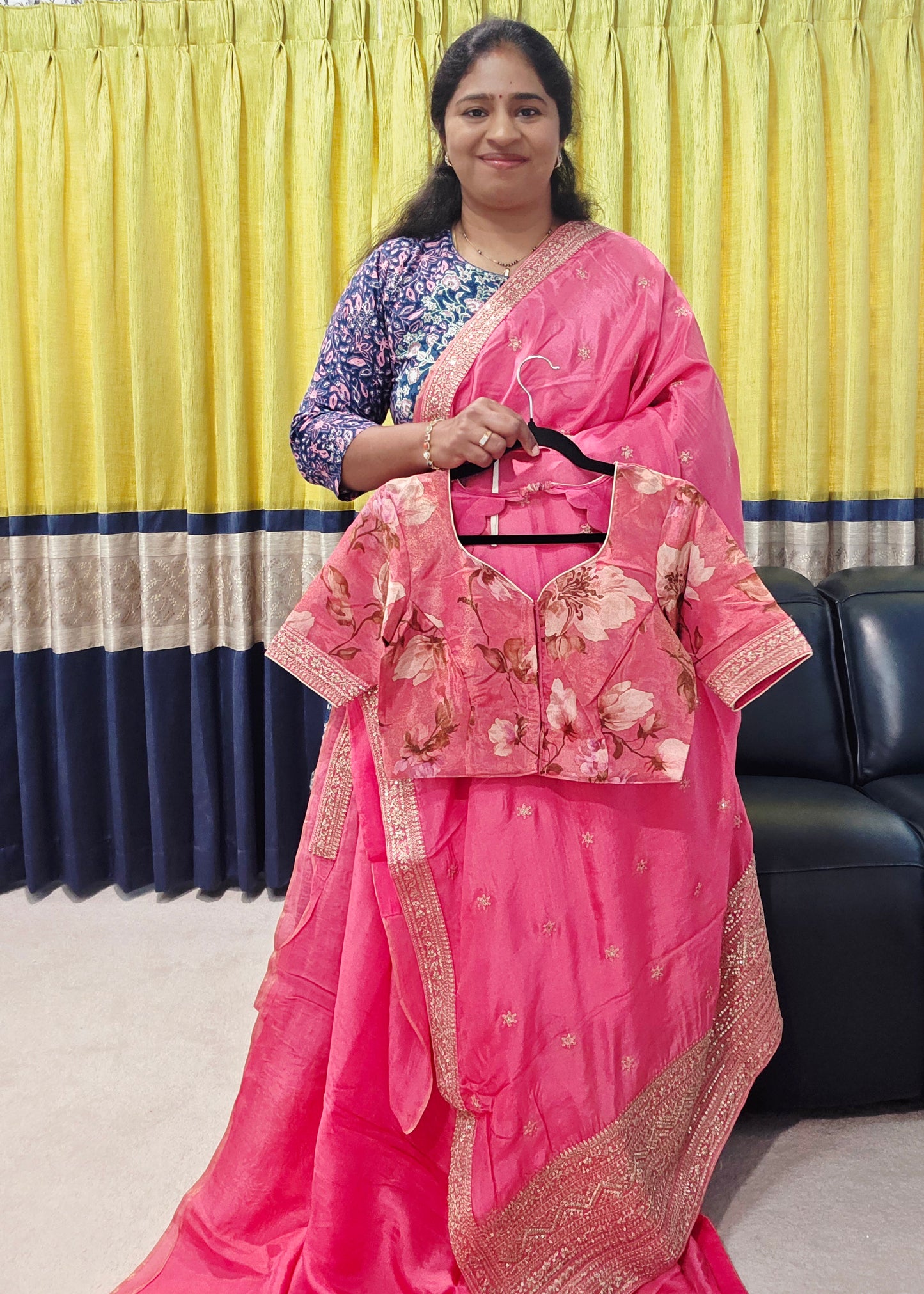 Radiant Rani Pink Sabyasachi Inspired Viscose Crepe Silk Saree with Floral Designer Blouse