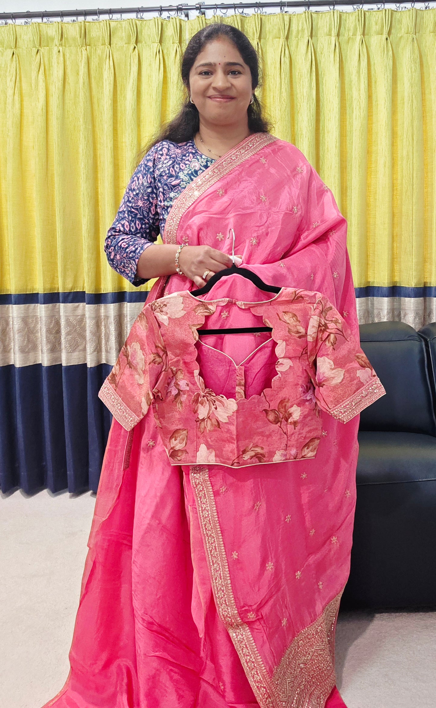 Radiant Rani Pink Sabyasachi Inspired Viscose Crepe Silk Saree with Floral Designer Blouse