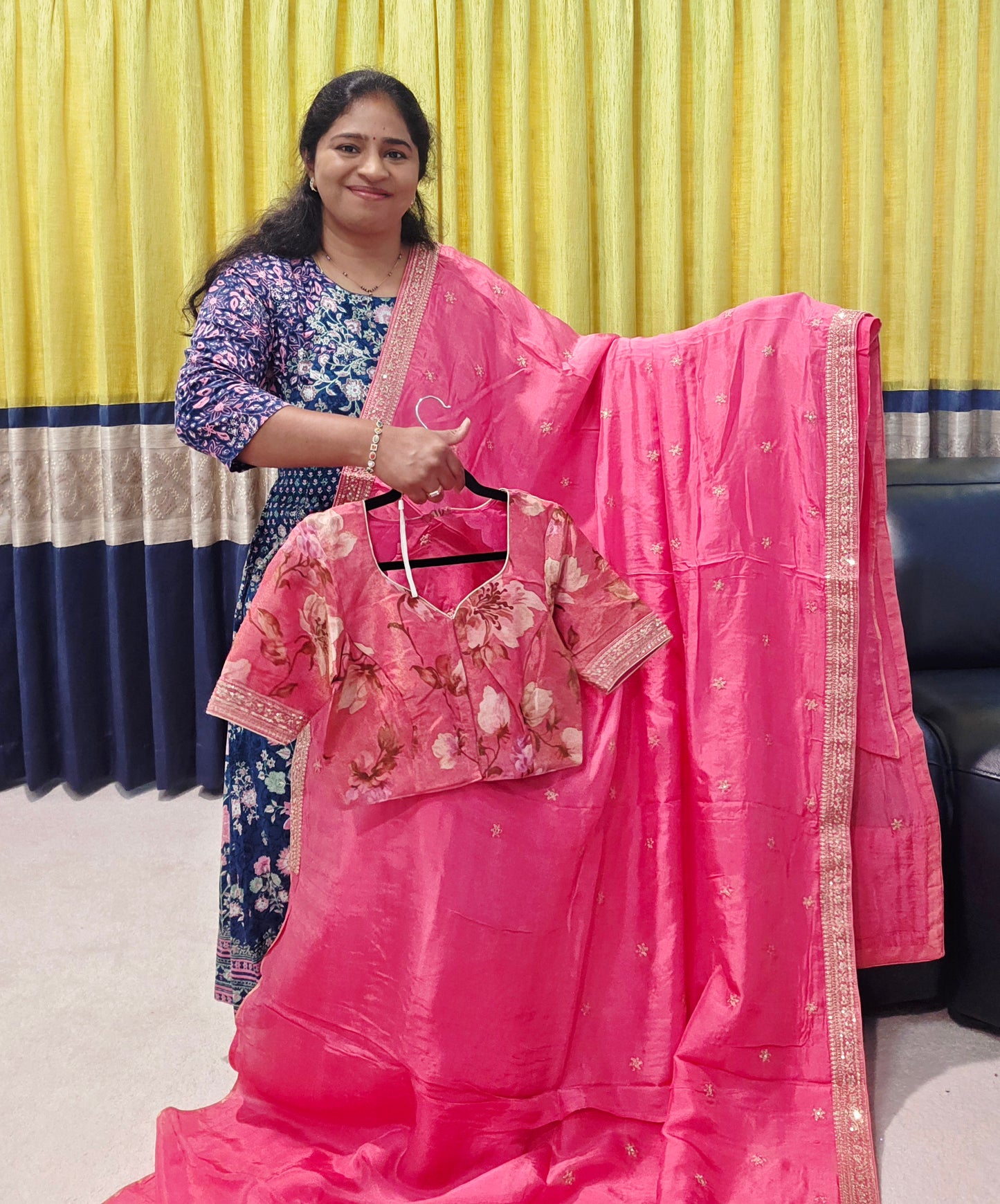 Radiant Rani Pink Sabyasachi Inspired Viscose Crepe Silk Saree with Floral Designer Blouse