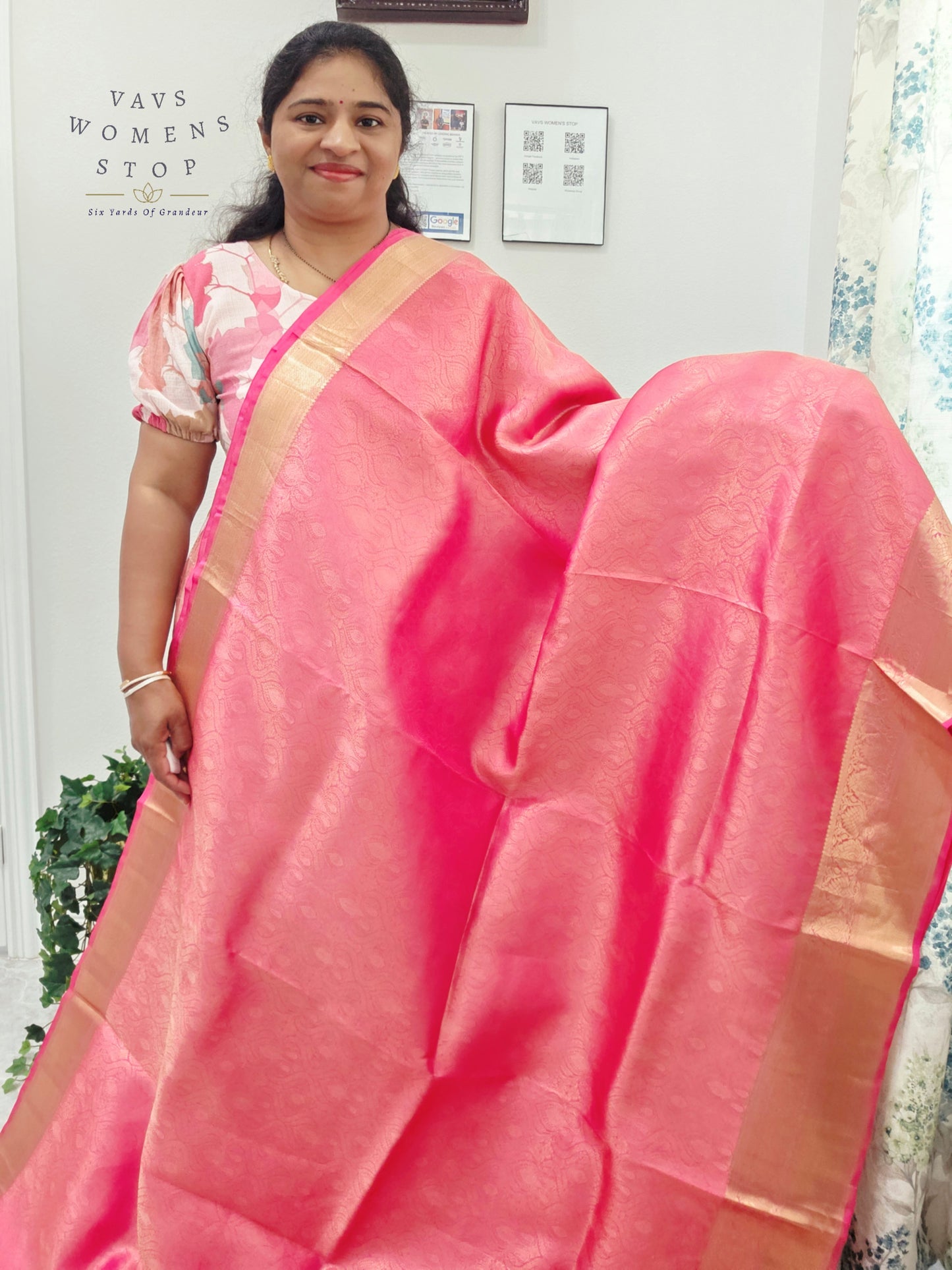 Luxury Royal Blush Pink Pure Kanchi Handloom Double Warp Soft Silk Saree with Antique Gold Zari Border & Stitched Blouse Size 38-44