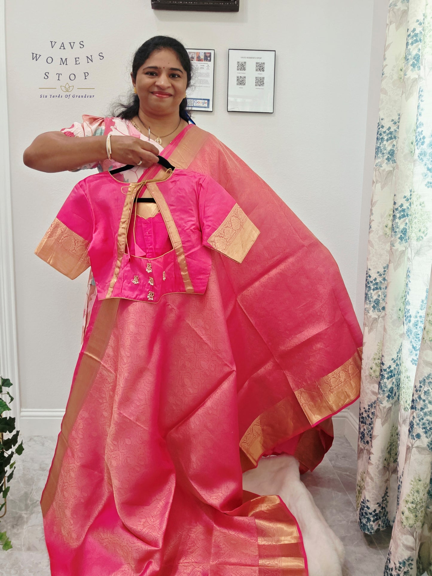 Luxury Royal Blush Pink Pure Kanchi Handloom Double Warp Soft Silk Saree with Antique Gold Zari Border & Stitched Blouse Size 38-44