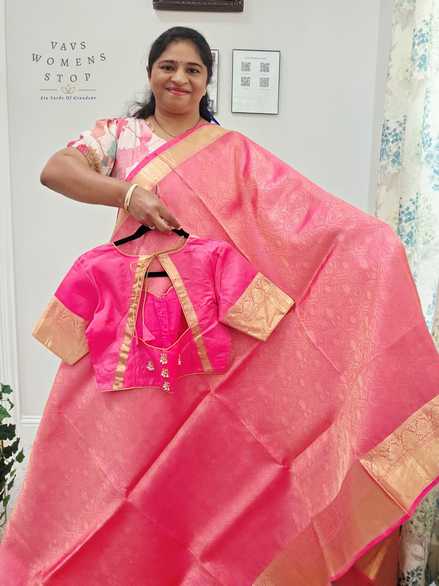 Luxury Royal Blush Pink Pure Kanchi Handloom Double Warp Soft Silk Saree with Antique Gold Zari Border & Stitched Blouse Size 38-44