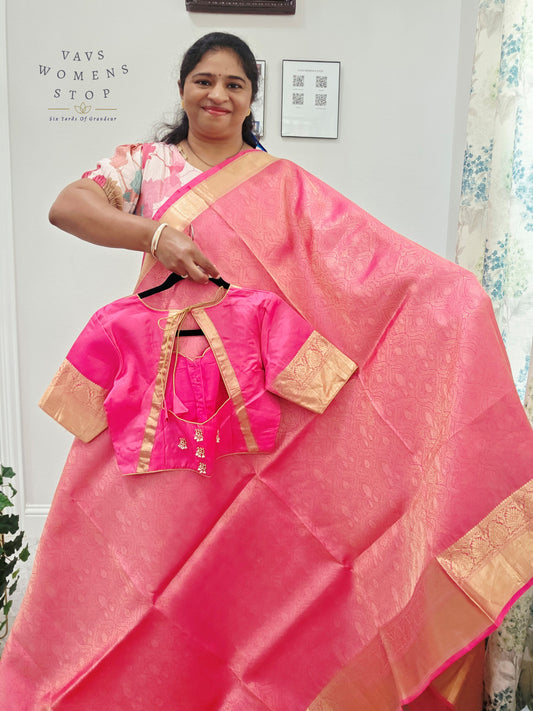 Luxury Royal Blush Pink Pure Kanchi Handloom Double Warp Soft Silk Saree with Antique Gold Zari Border & Stitched Blouse Size 38-44