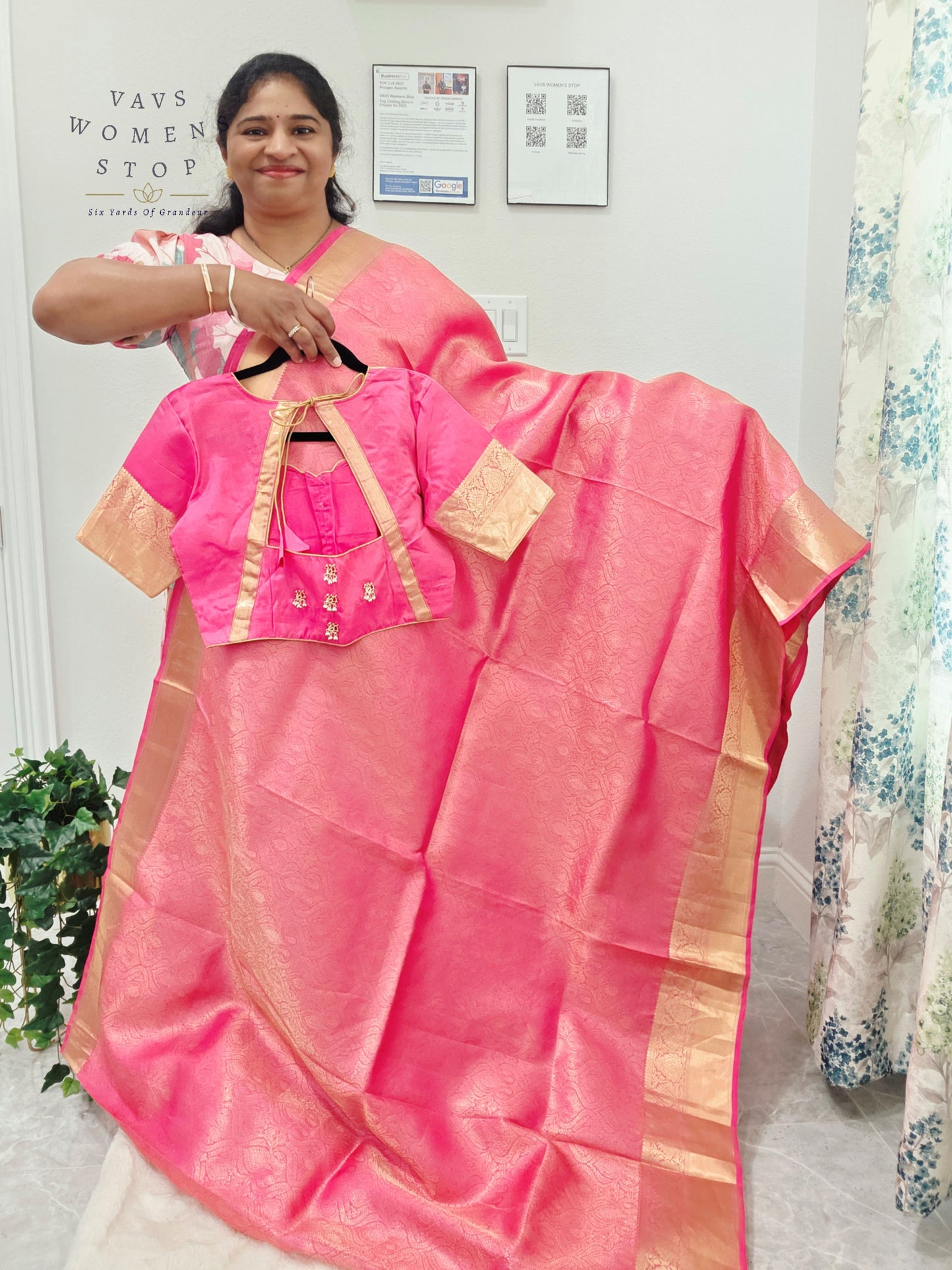 Luxury Royal Blush Pink Pure Kanchi Handloom Double Warp Soft Silk Saree with Antique Gold Zari Border & Stitched Blouse Size 38-44