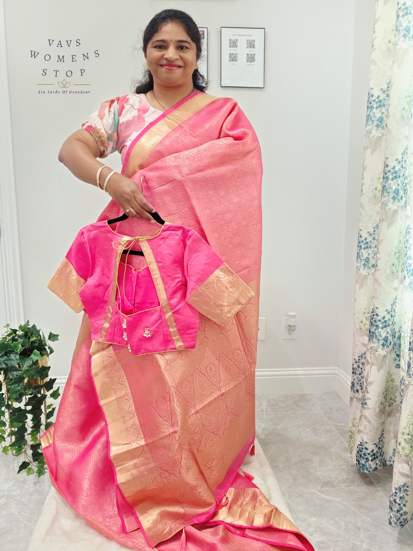Luxury Royal Blush Pink Pure Kanchi Handloom Double Warp Soft Silk Saree with Antique Gold Zari Border & Stitched Blouse Size 38-44