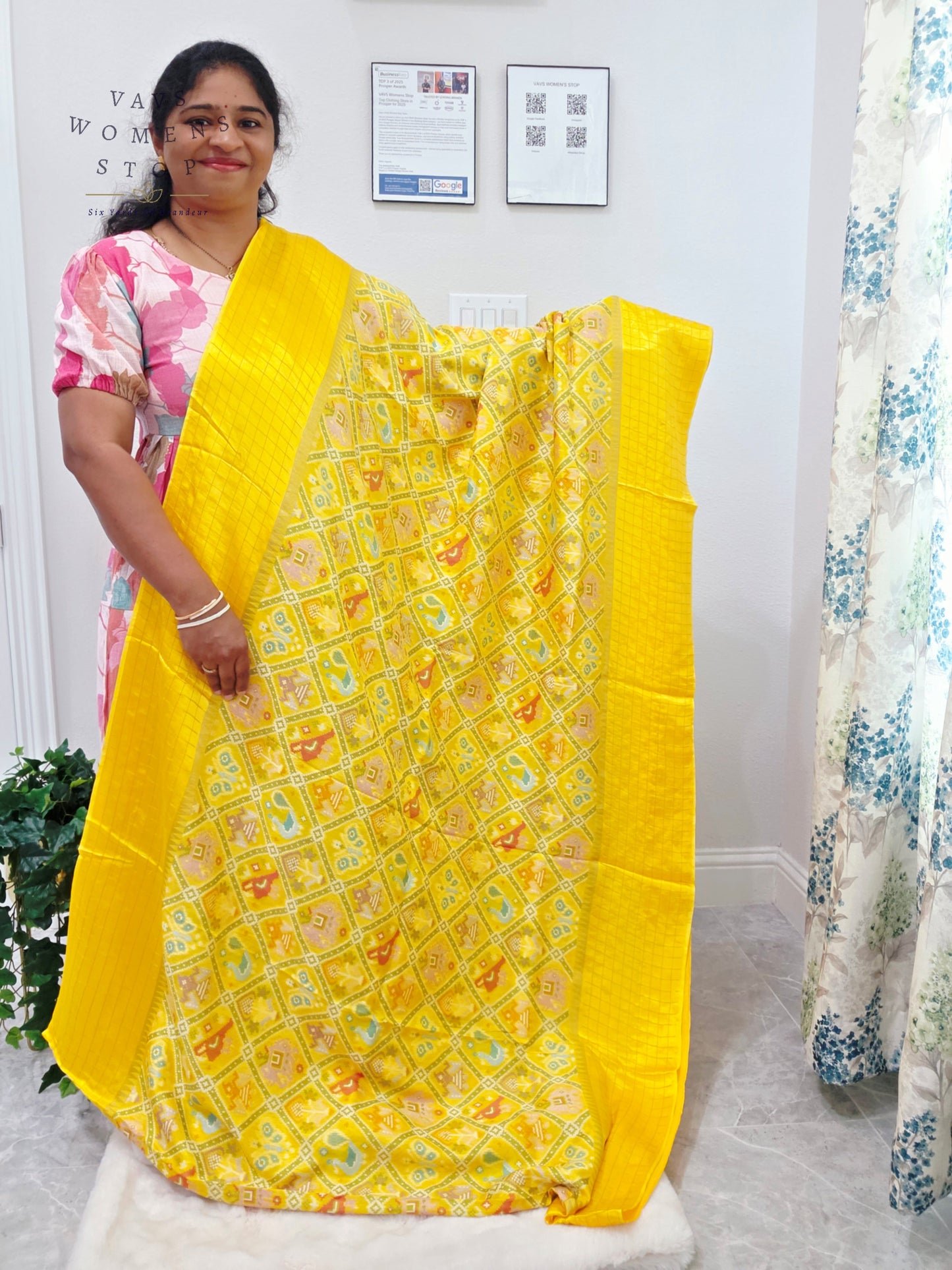 Royal Sunshine Yellow Benarasi Crepe Silk Patola Designer Saree with Stitched Blouse Size 36-42