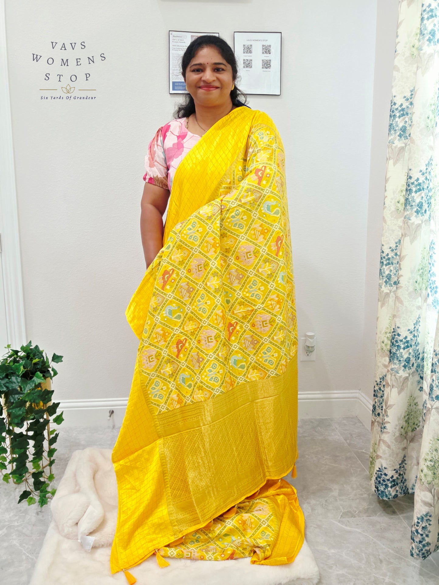 Royal Sunshine Yellow Benarasi Crepe Silk Patola Designer Saree with Stitched Blouse Size 36-42