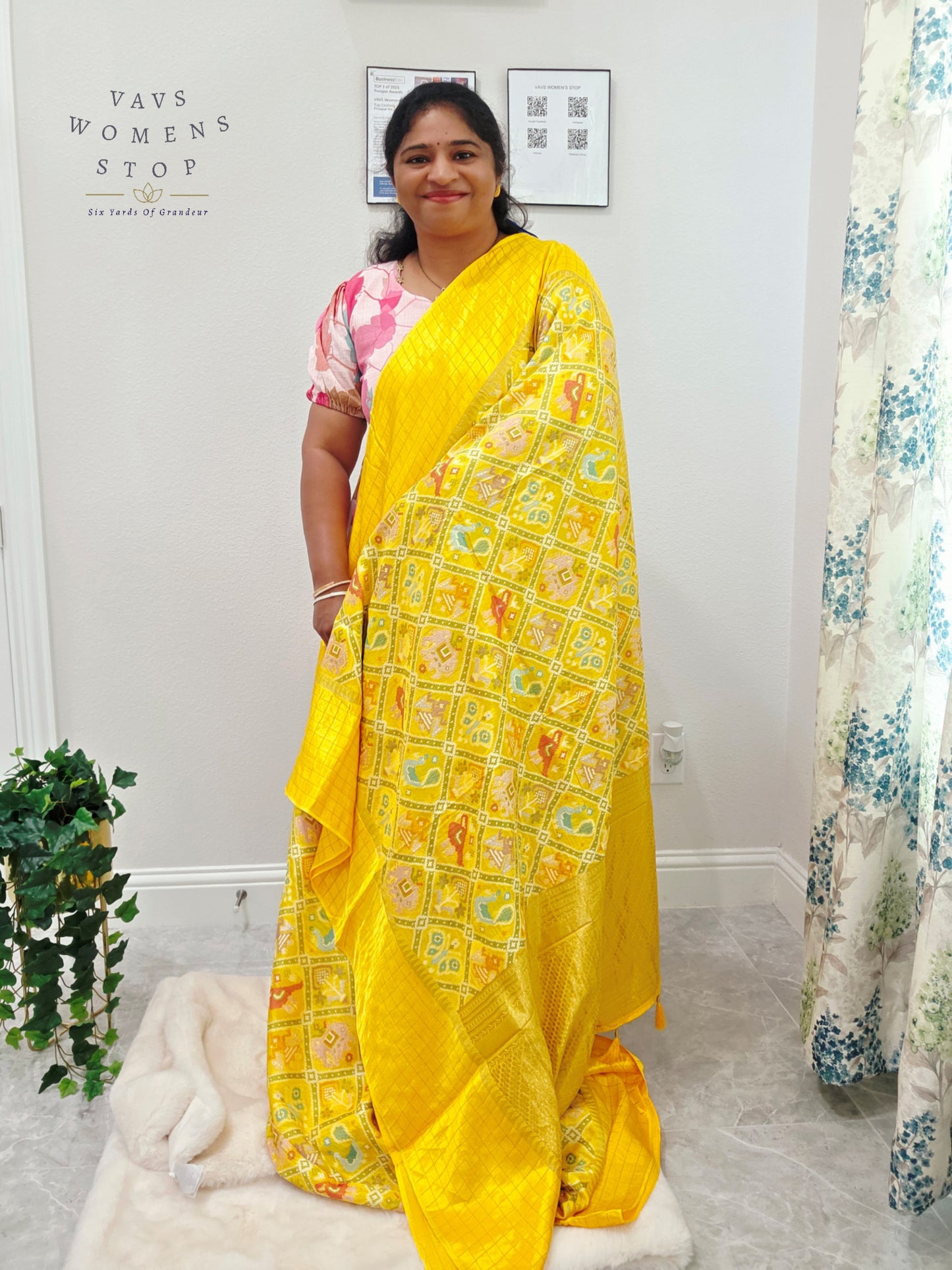 Royal Sunshine Yellow Benarasi Crepe Silk Patola Designer Saree with Stitched Blouse Size 36-42