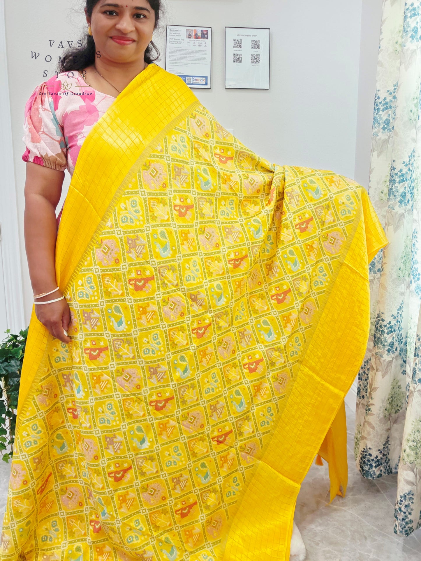 Royal Sunshine Yellow Benarasi Crepe Silk Patola Designer Saree with Stitched Blouse Size 36-42