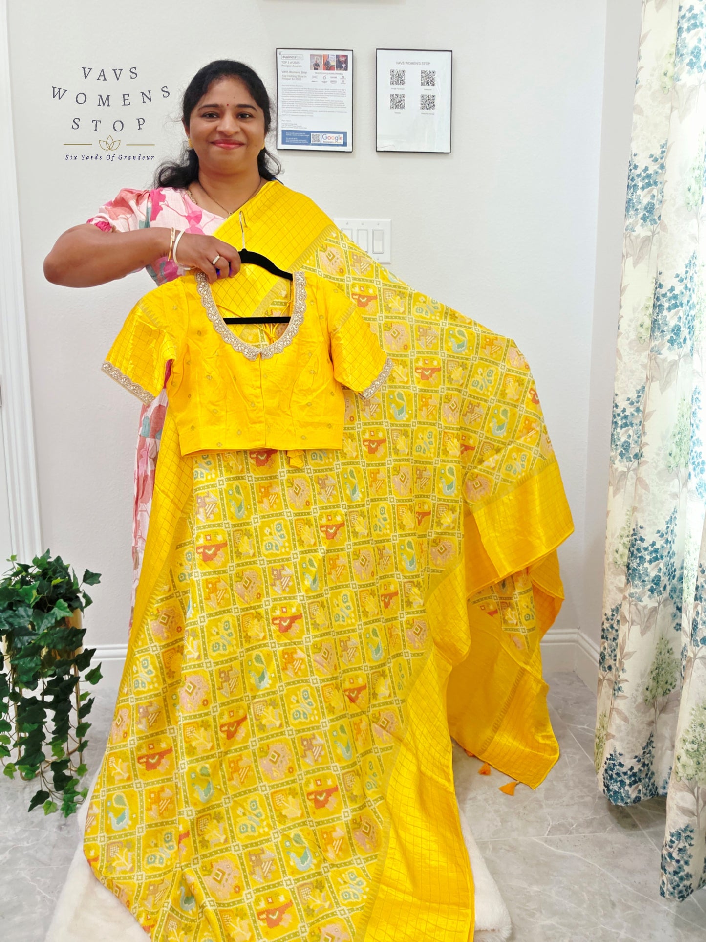 Royal Sunshine Yellow Benarasi Crepe Silk Patola Designer Saree with Stitched Blouse Size 36-42