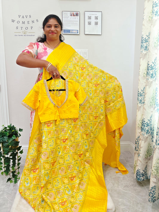 Royal Sunshine Yellow Benarasi Crepe Silk Patola Designer Saree with Stitched Blouse Size 36-42
