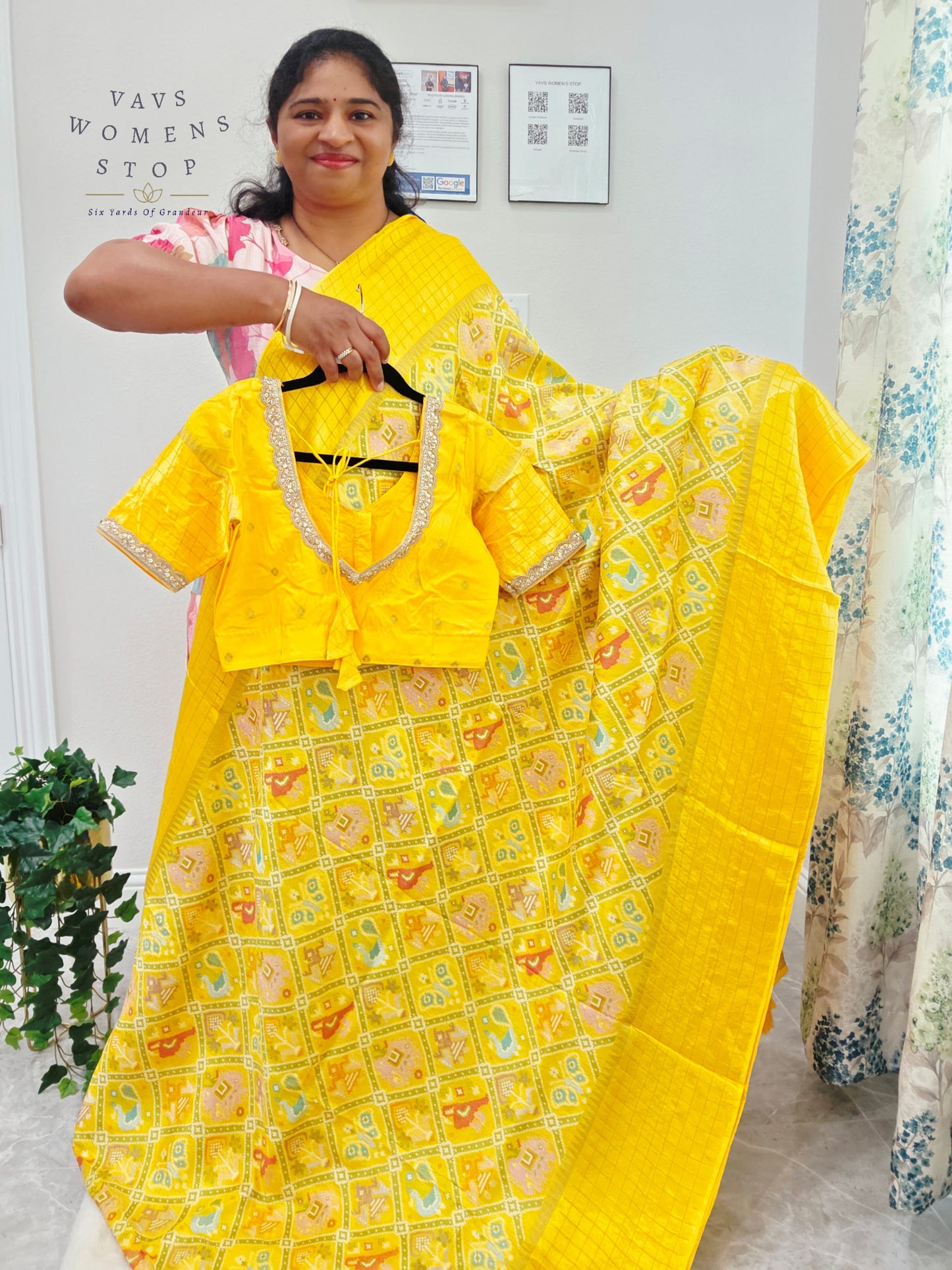 Royal Sunshine Yellow Benarasi Crepe Silk Patola Designer Saree with Stitched Blouse Size 36-42