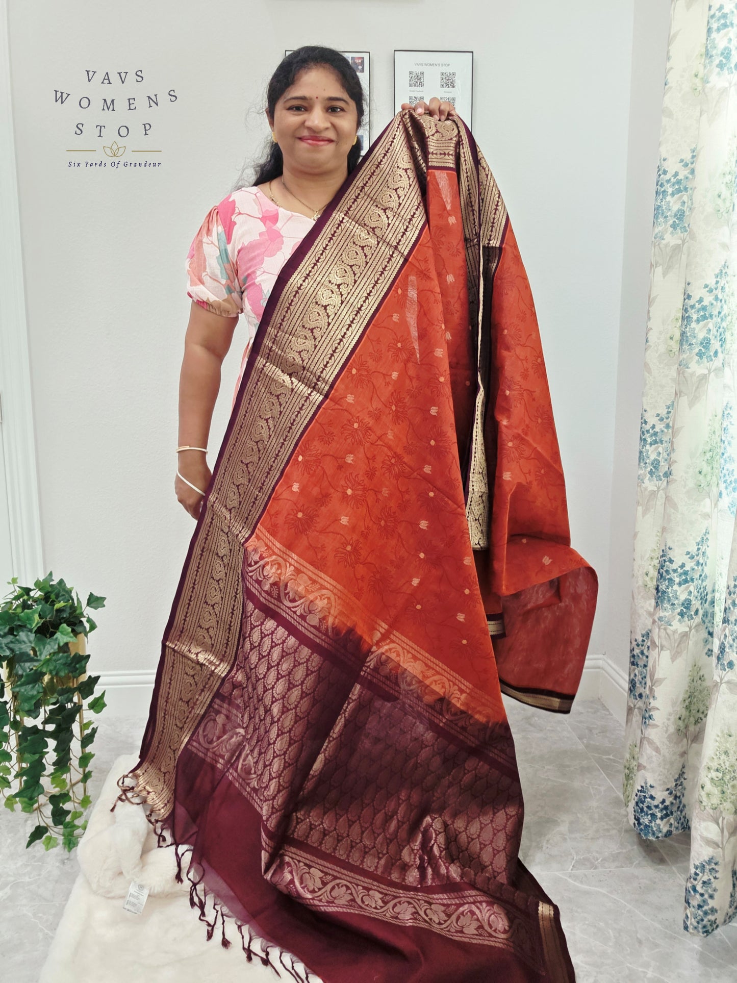 Royal Rust Vermilion Mangalagiri Pattu Silk Cotton Handloom Saree with Deep Aubergine Zari Border & Stitched Designer Blouse