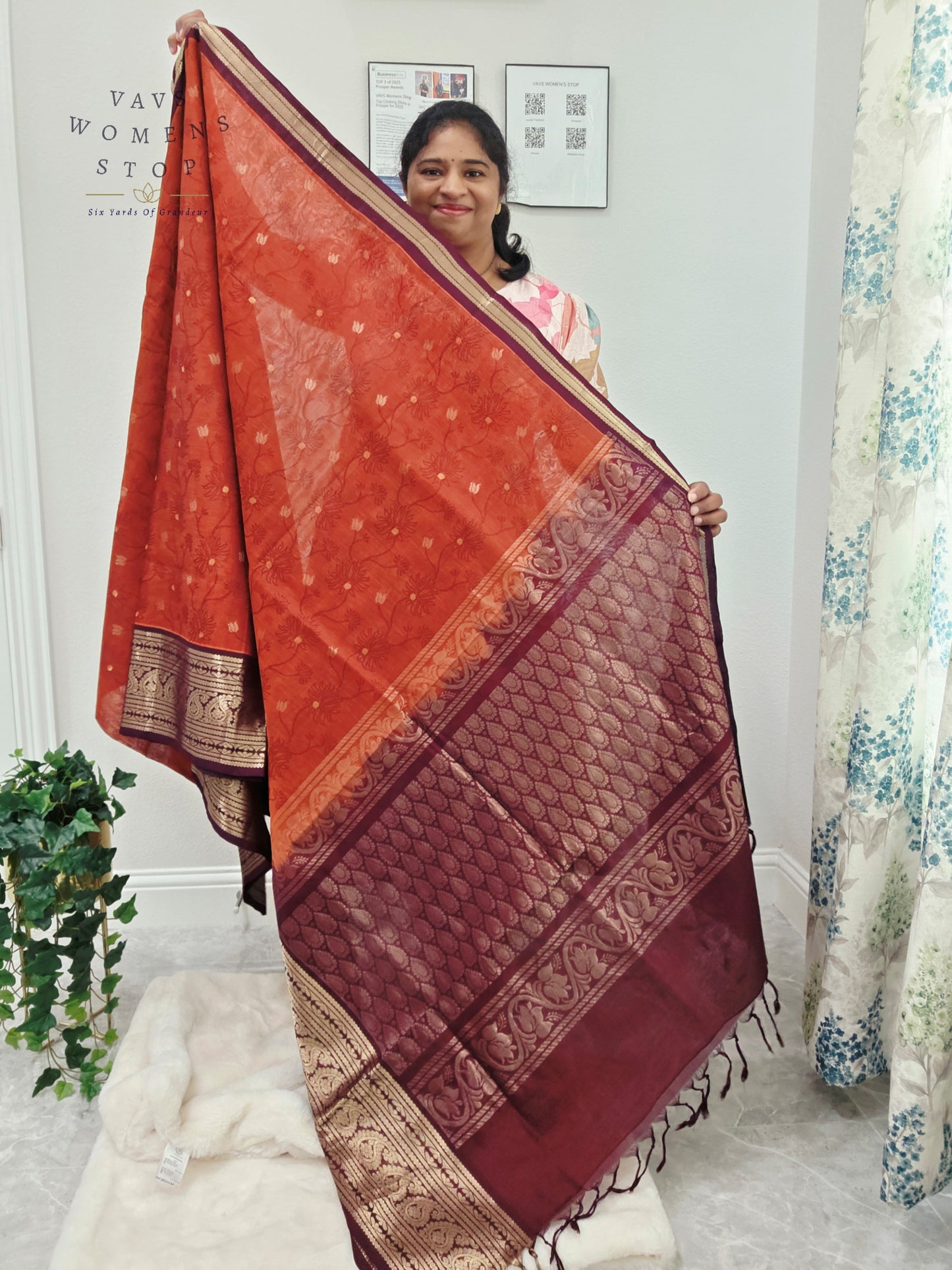 Royal Rust Vermilion Mangalagiri Pattu Silk Cotton Handloom Saree with Deep Aubergine Zari Border & Stitched Designer Blouse