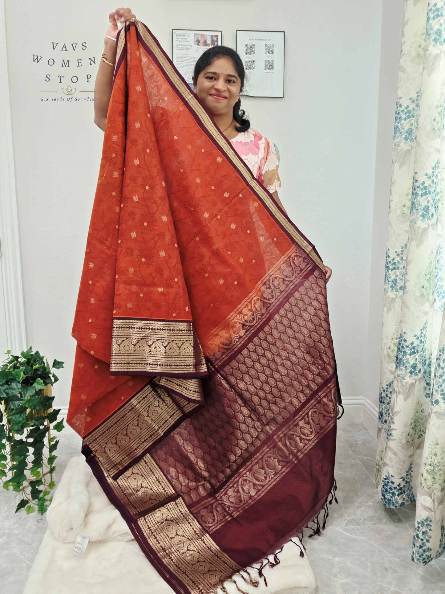 Royal Rust Vermilion Mangalagiri Pattu Silk Cotton Handloom Saree with Deep Aubergine Zari Border & Stitched Designer Blouse