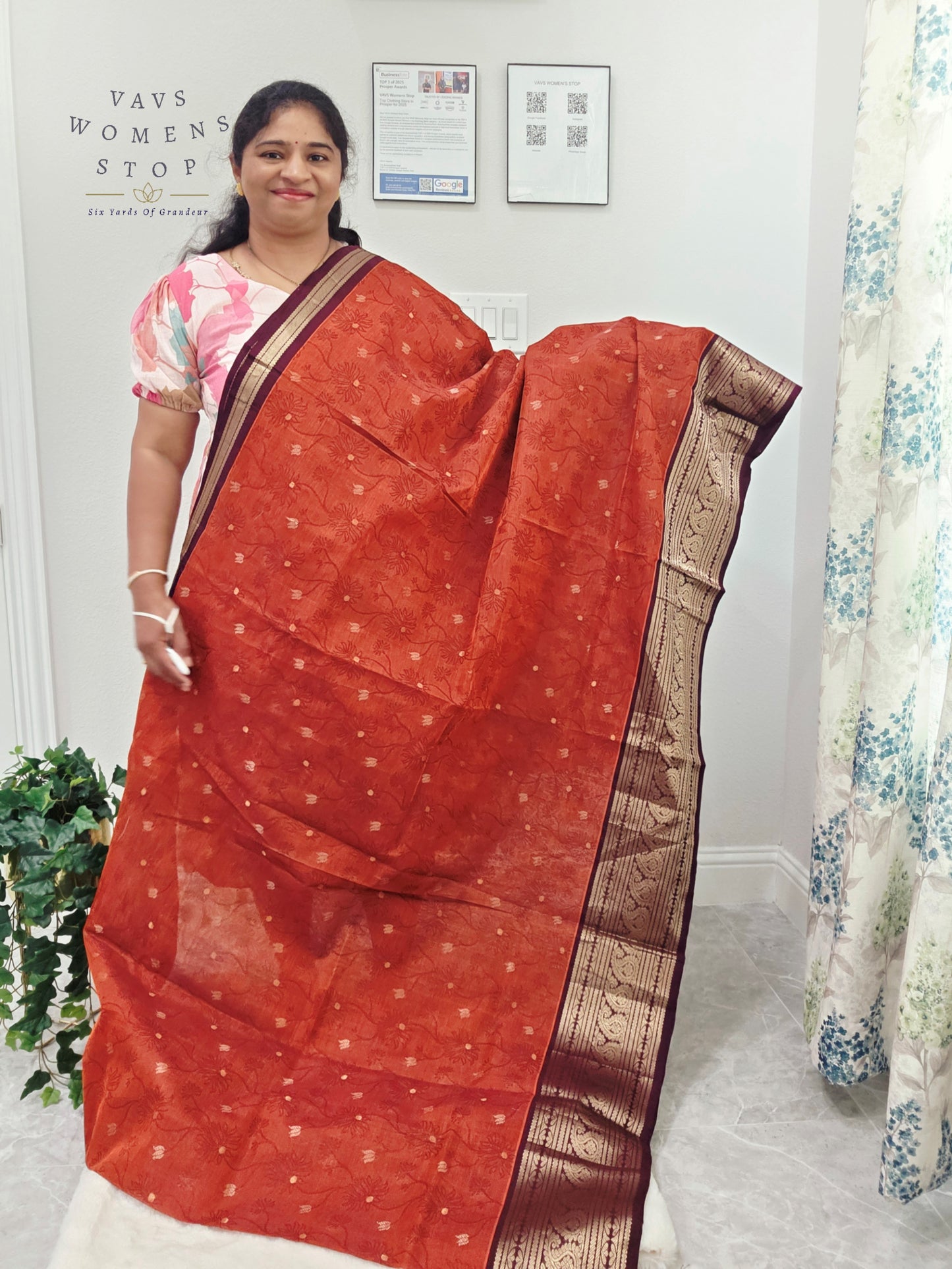 Royal Rust Vermilion Mangalagiri Pattu Silk Cotton Handloom Saree with Deep Aubergine Zari Border & Stitched Designer Blouse