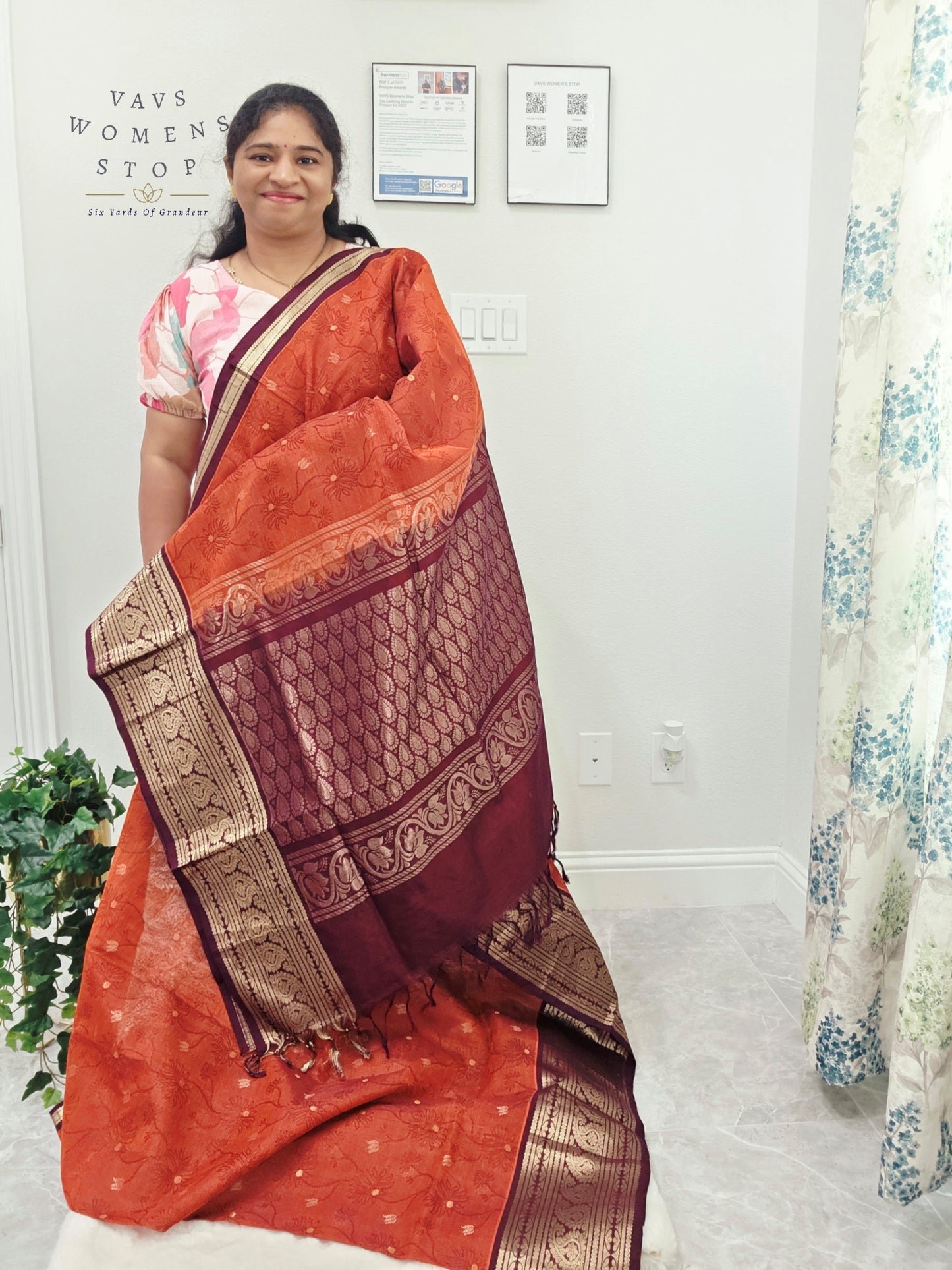 Royal Rust Vermilion Mangalagiri Pattu Silk Cotton Handloom Saree with Deep Aubergine Zari Border & Stitched Designer Blouse