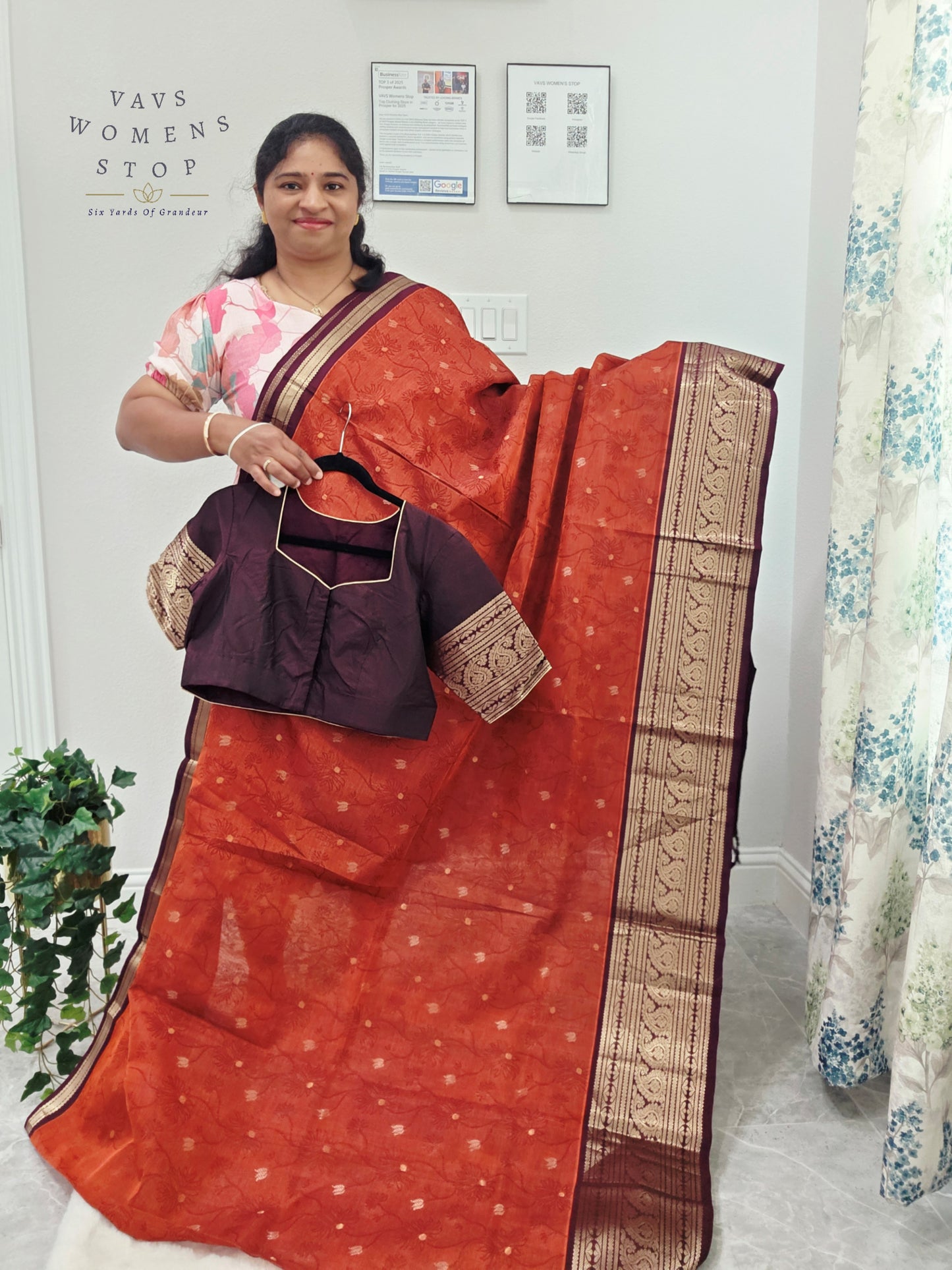 Royal Rust Vermilion Mangalagiri Pattu Silk Cotton Handloom Saree with Deep Aubergine Zari Border & Stitched Designer Blouse