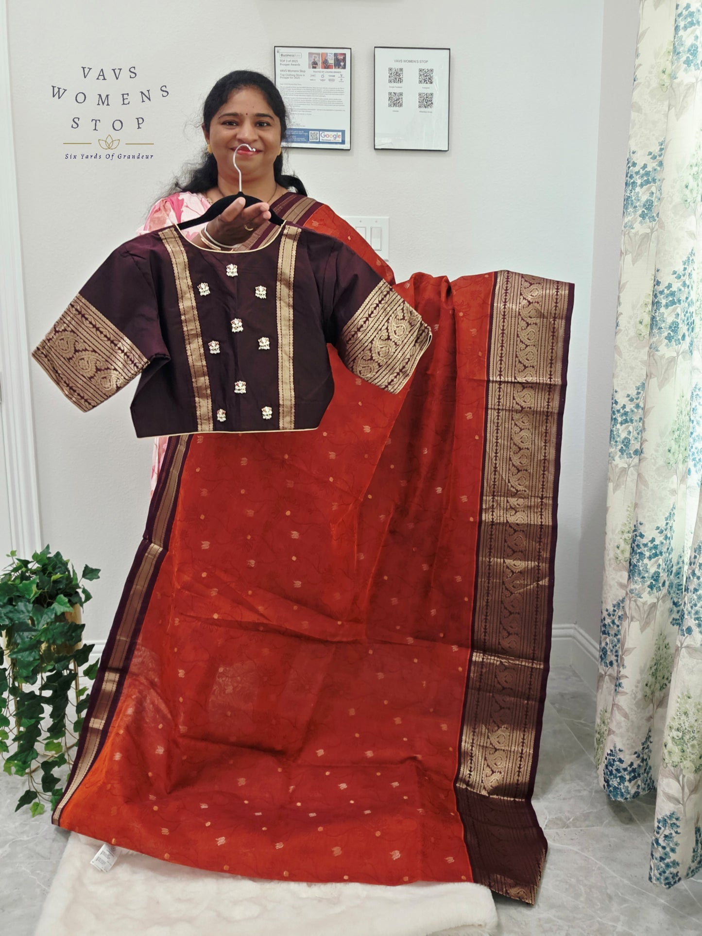 Royal Rust Vermilion Mangalagiri Pattu Silk Cotton Handloom Saree with Deep Aubergine Zari Border & Stitched Designer Blouse