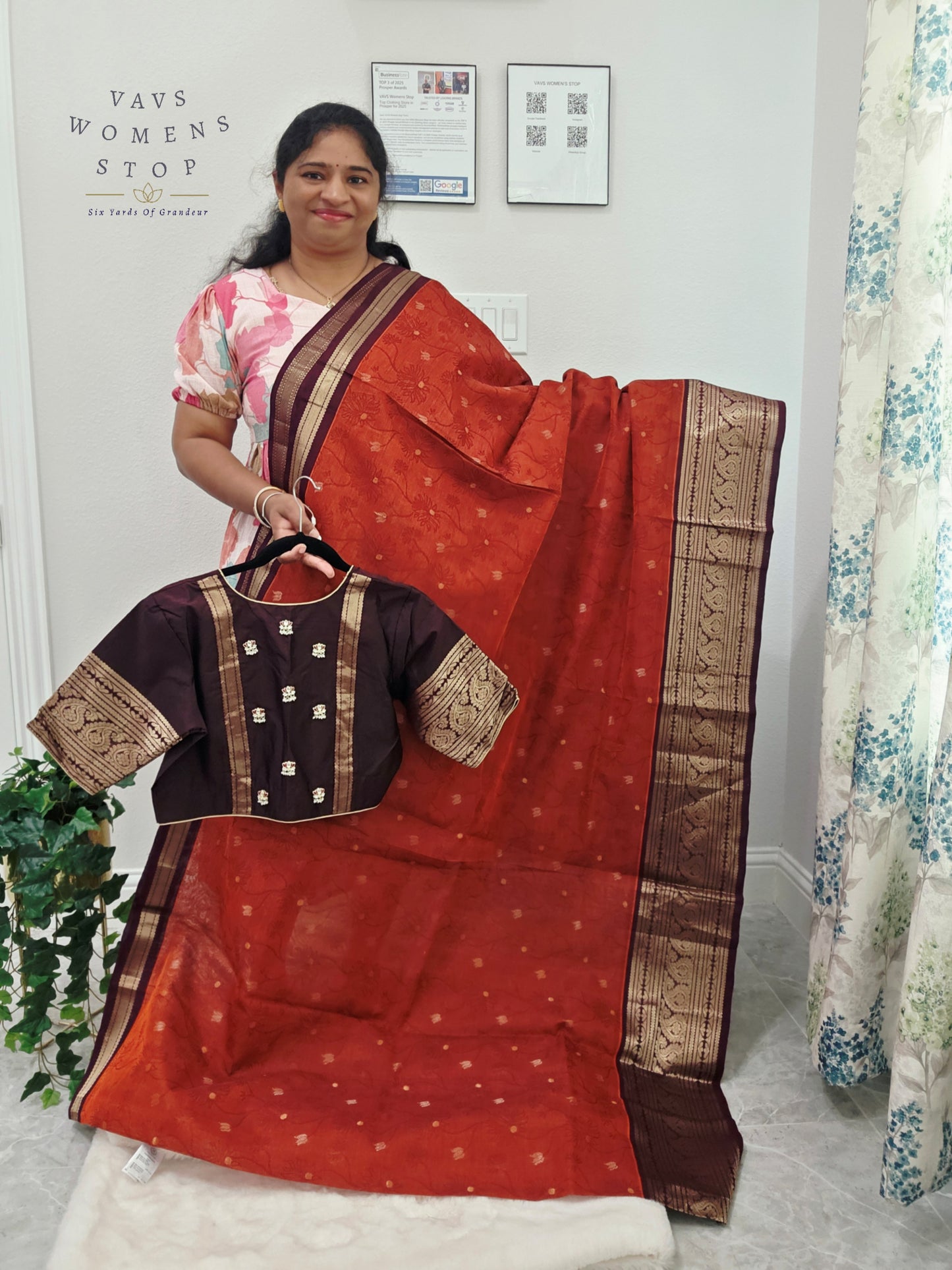 Royal Rust Vermilion Mangalagiri Pattu Silk Cotton Handloom Saree with Deep Aubergine Zari Border & Stitched Designer Blouse