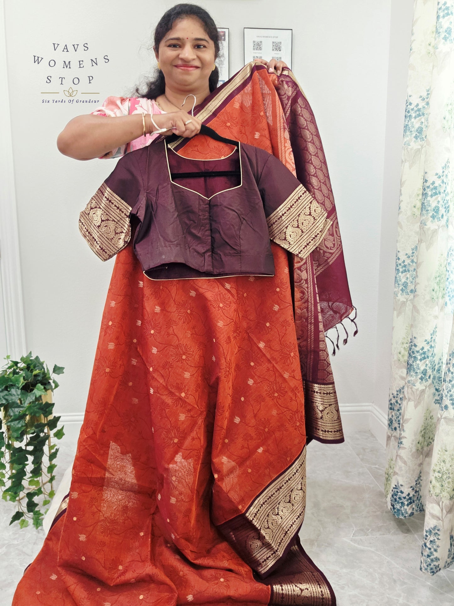 Royal Rust Vermilion Mangalagiri Pattu Silk Cotton Handloom Saree with Deep Aubergine Zari Border & Stitched Designer Blouse