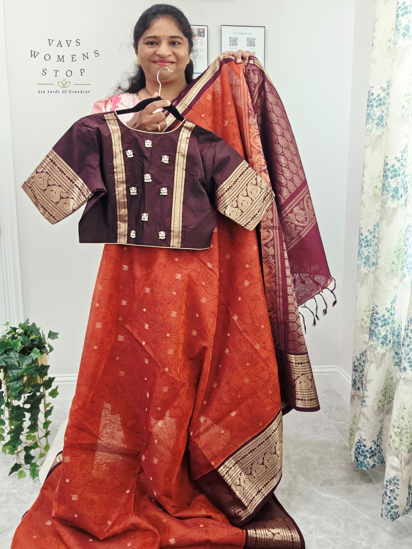 Royal Rust Vermilion Mangalagiri Pattu Silk Cotton Handloom Saree with Deep Aubergine Zari Border & Stitched Designer Blouse