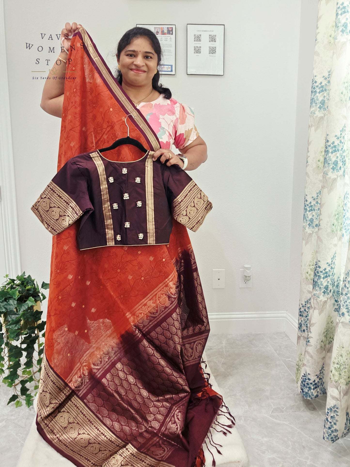 Royal Rust Vermilion Mangalagiri Pattu Silk Cotton Handloom Saree with Deep Aubergine Zari Border & Stitched Designer Blouse