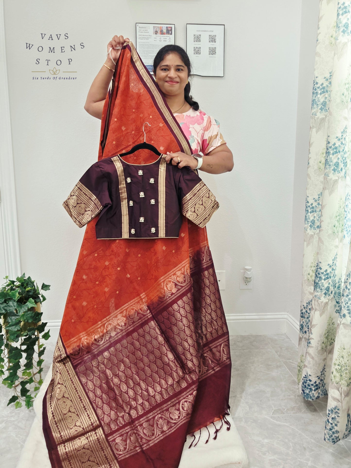 Royal Rust Vermilion Mangalagiri Pattu Silk Cotton Handloom Saree with Deep Aubergine Zari Border & Stitched Designer Blouse