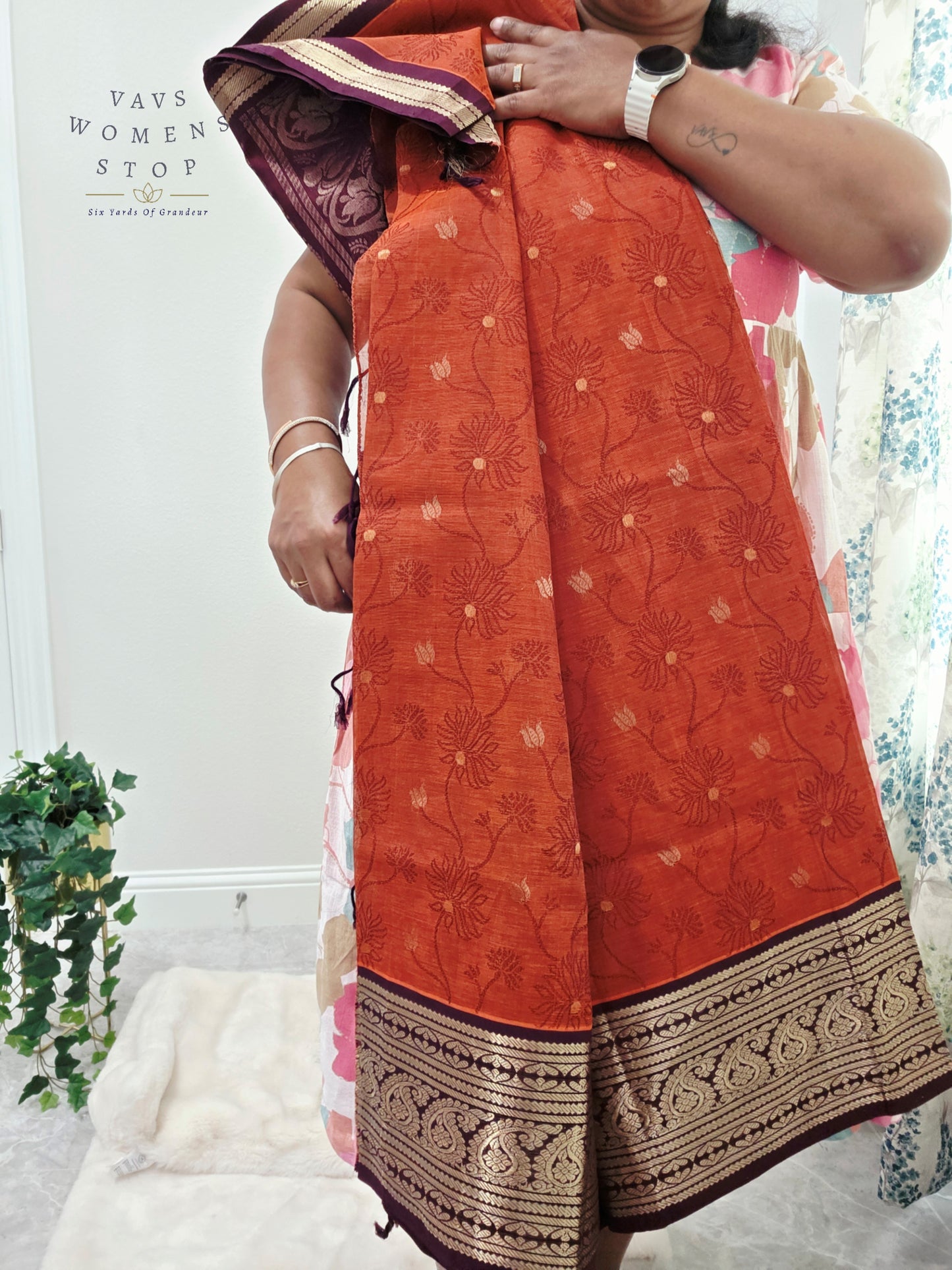 Royal Rust Vermilion Mangalagiri Pattu Silk Cotton Handloom Saree with Deep Aubergine Zari Border & Stitched Designer Blouse