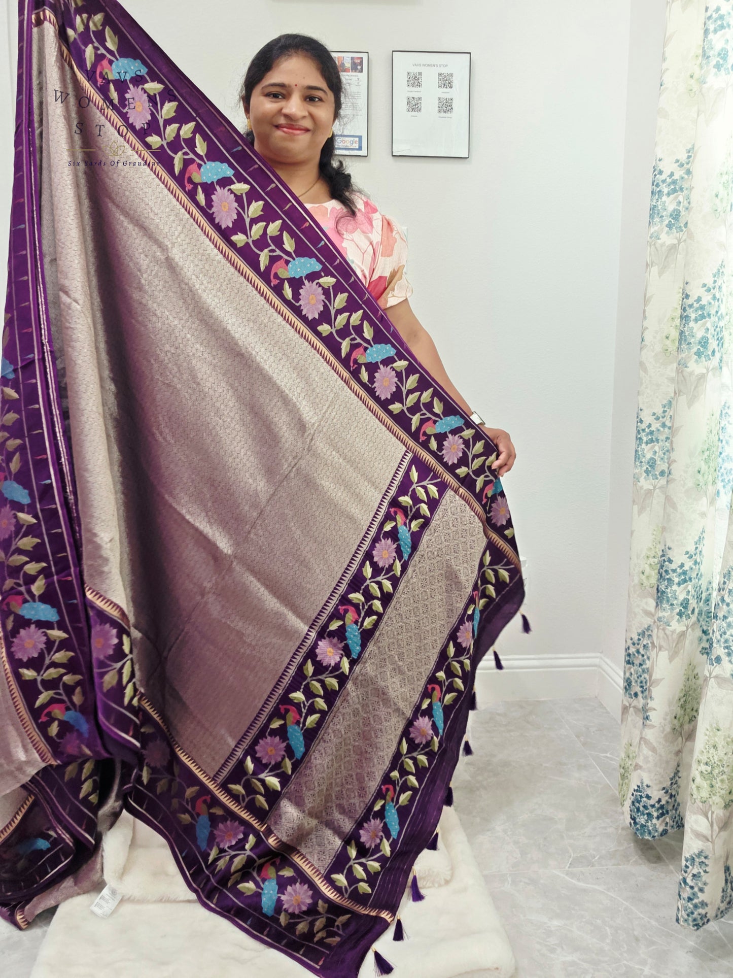 Regal Lavender Taupe Tissue Brocade Silk Saree with Floral Woven Border & Stitched Blouse