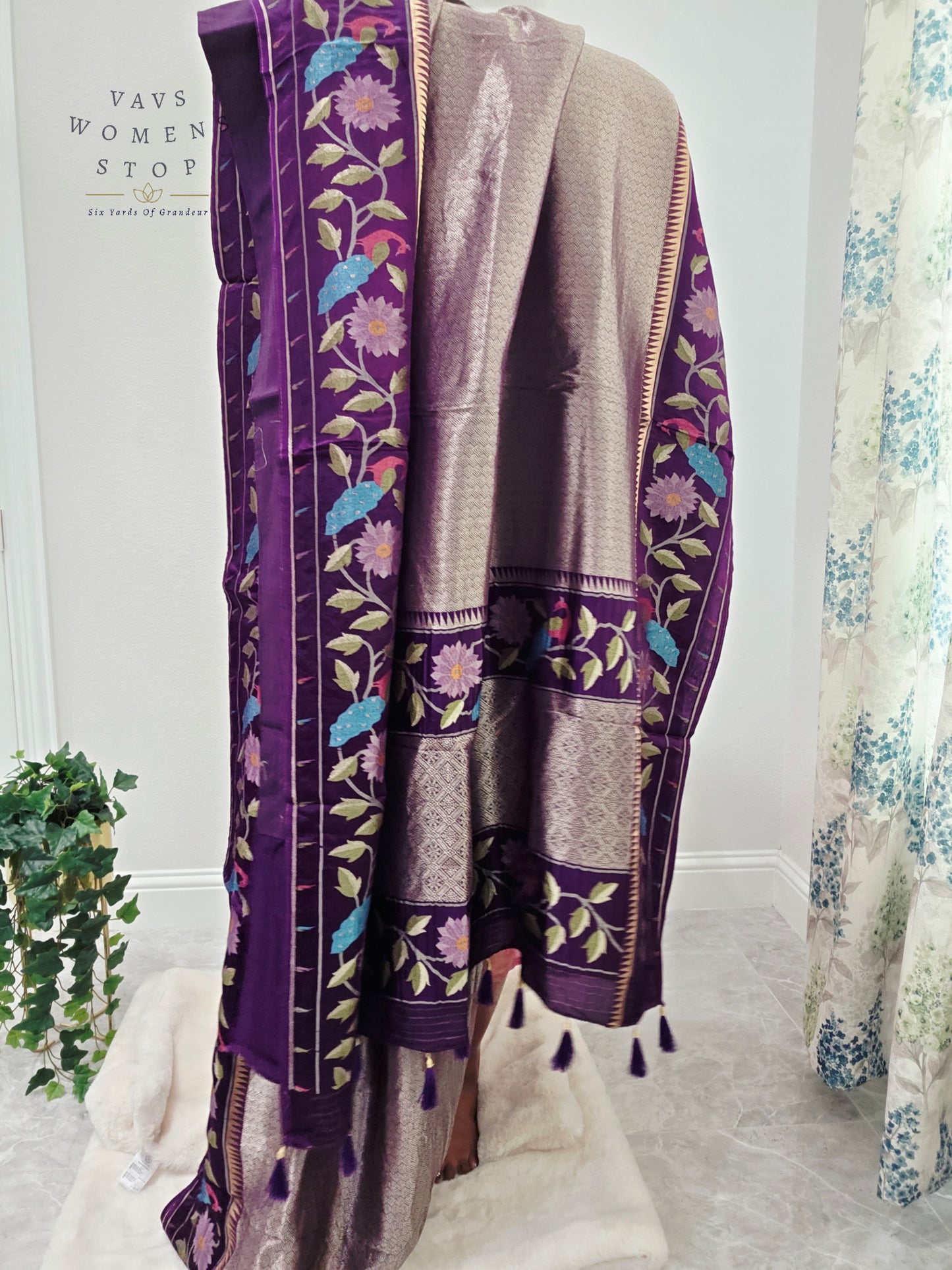 Regal Lavender Taupe Tissue Brocade Silk Saree with Floral Woven Border & Stitched Blouse