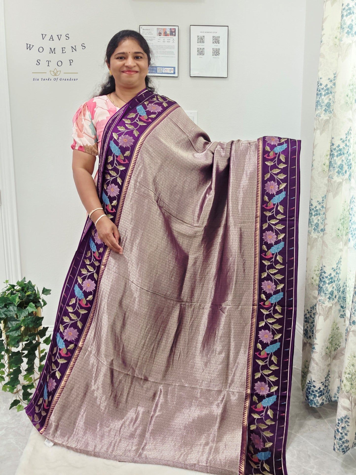 Regal Lavender Taupe Tissue Brocade Silk Saree with Floral Woven Border & Stitched Blouse