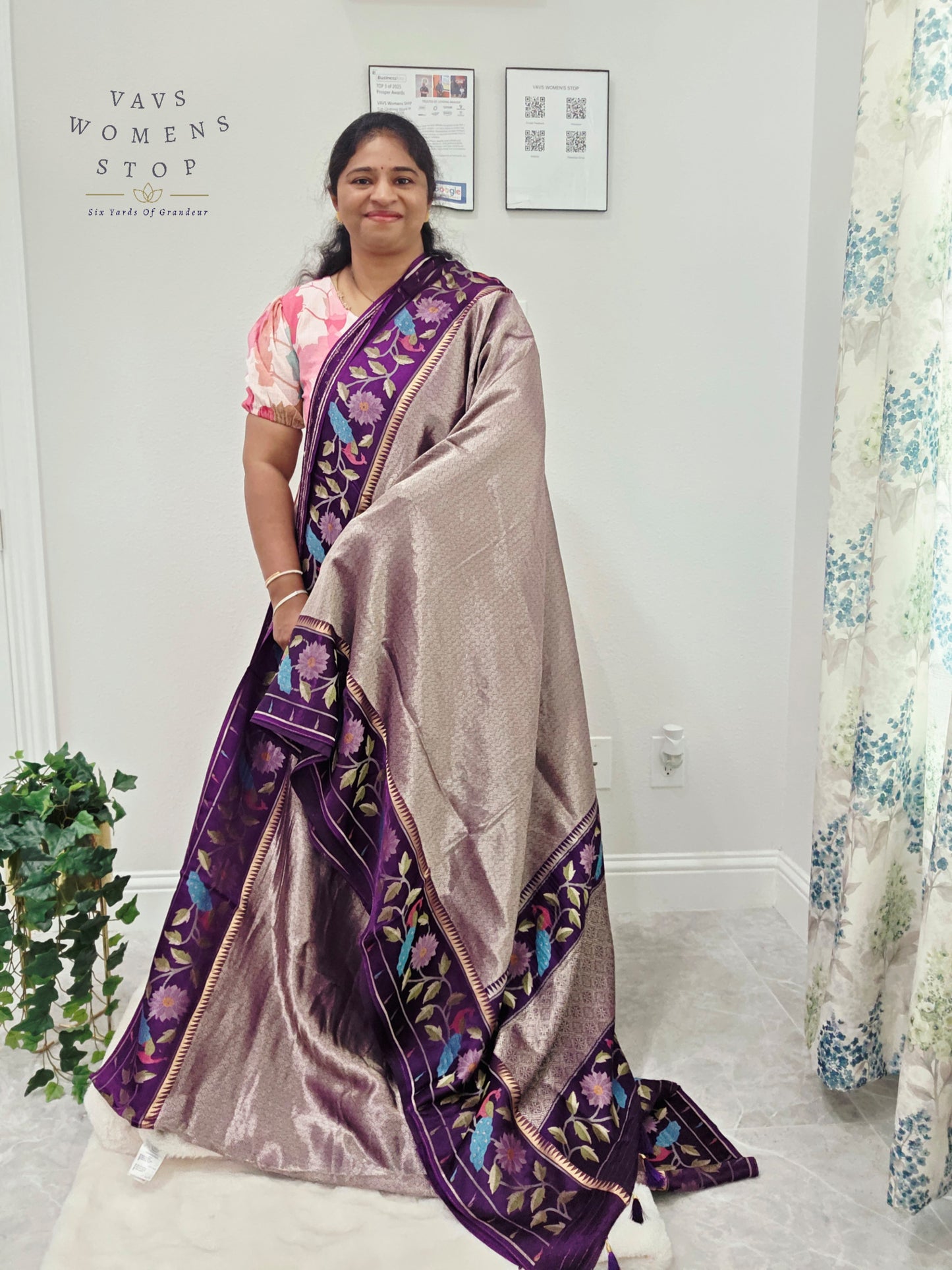 Regal Lavender Taupe Tissue Brocade Silk Saree with Floral Woven Border & Stitched Blouse