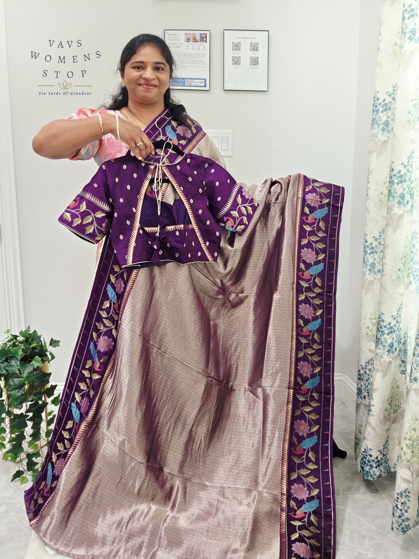 Regal Lavender Taupe Tissue Brocade Silk Saree with Floral Woven Border & Stitched Blouse