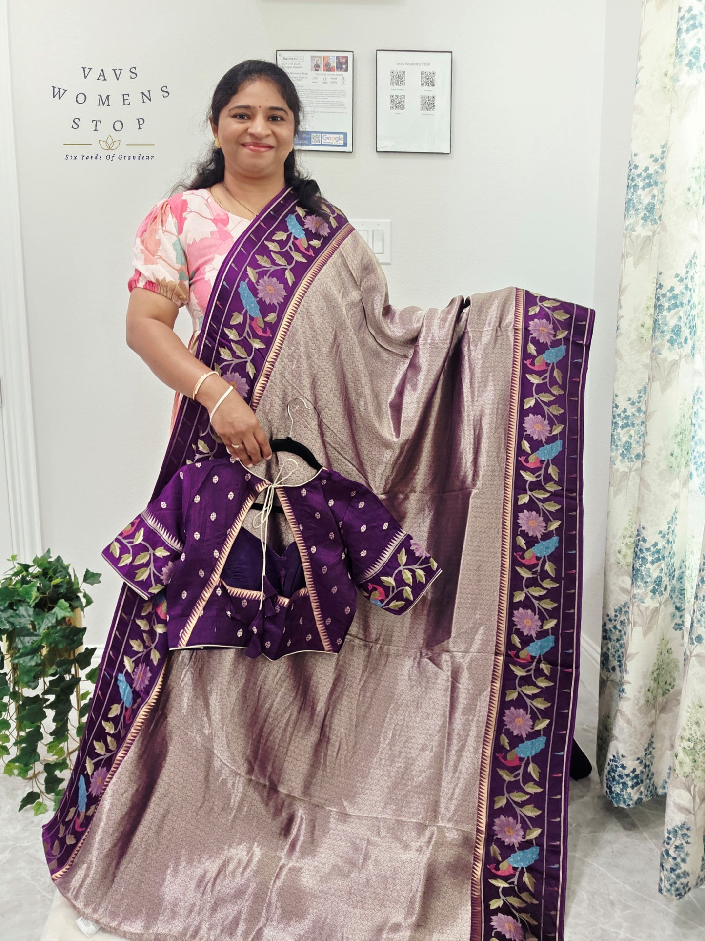 Regal Lavender Taupe Tissue Brocade Silk Saree with Floral Woven Border & Stitched Blouse