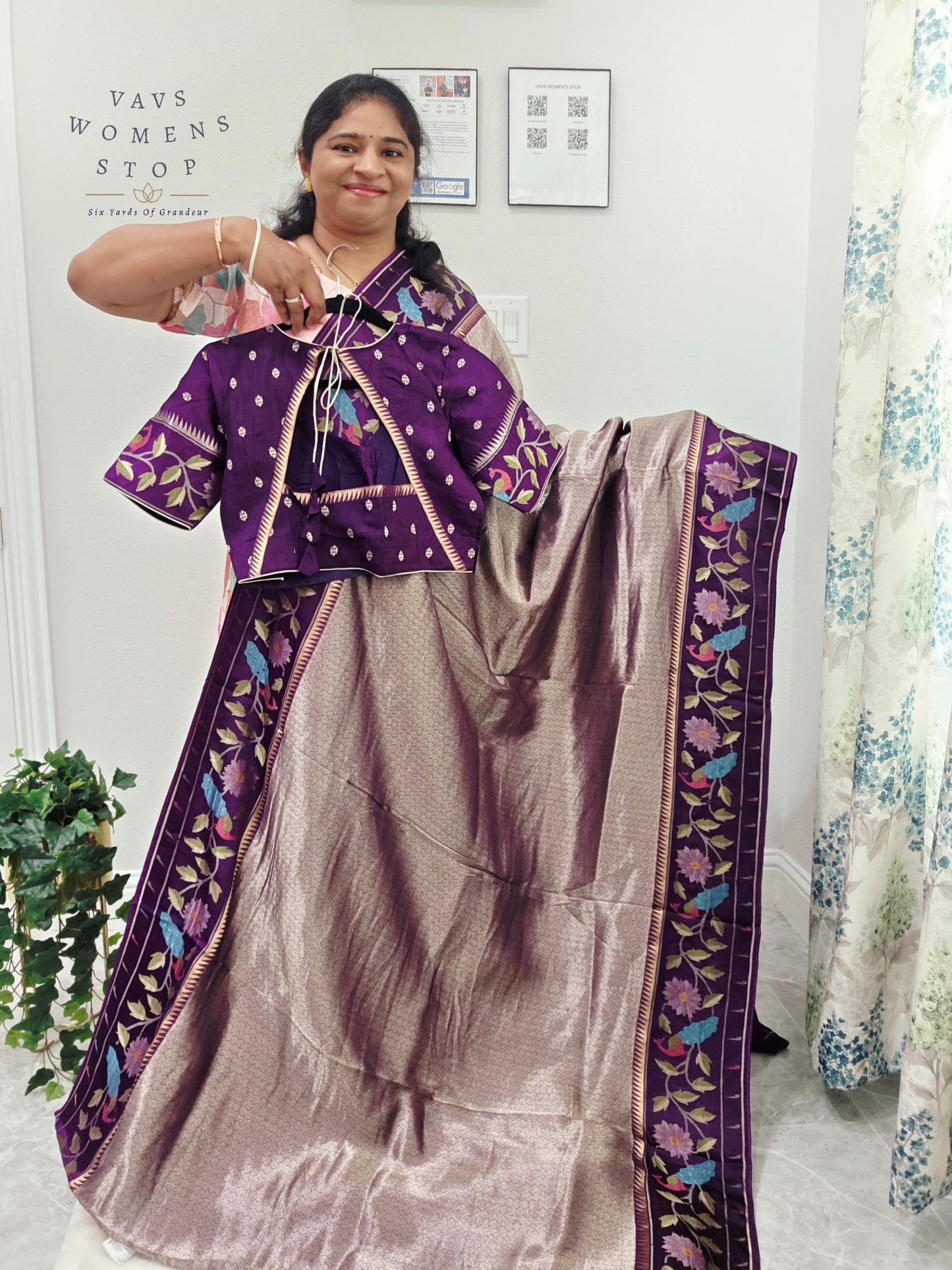 Regal Lavender Taupe Tissue Brocade Silk Saree with Floral Woven Border & Stitched Blouse