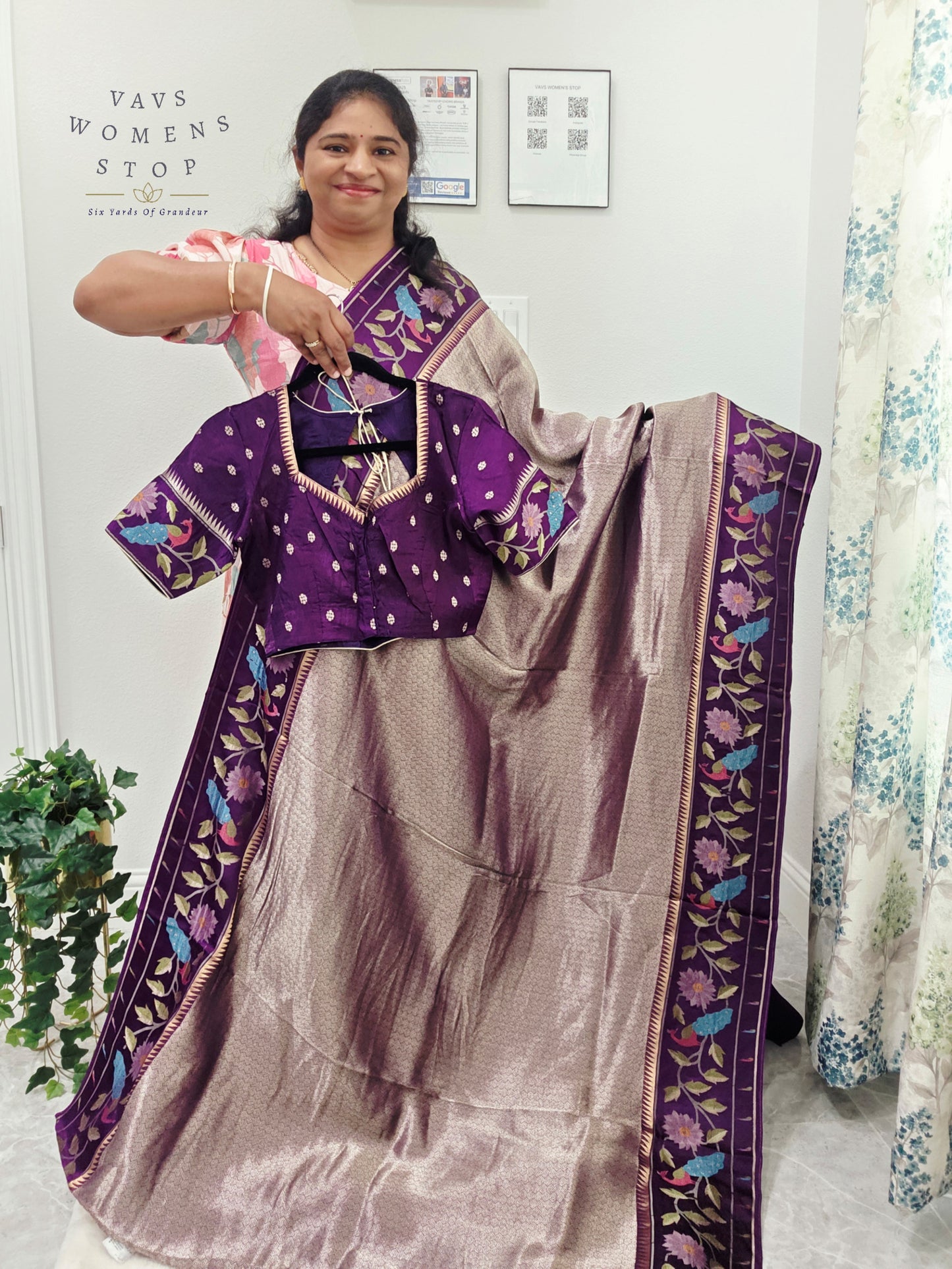 Regal Lavender Taupe Tissue Brocade Silk Saree with Floral Woven Border & Stitched Blouse
