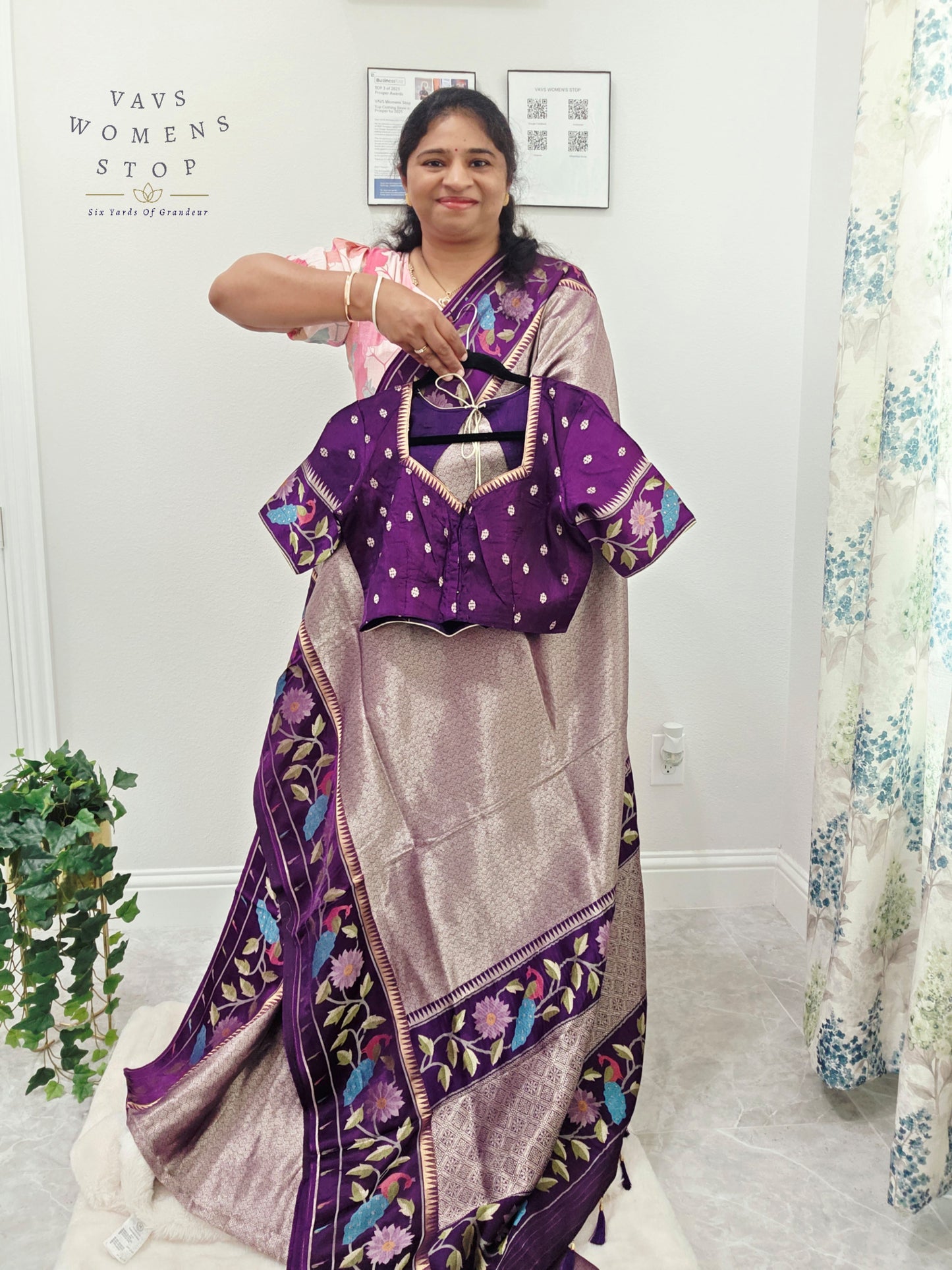 Regal Lavender Taupe Tissue Brocade Silk Saree with Floral Woven Border & Stitched Blouse