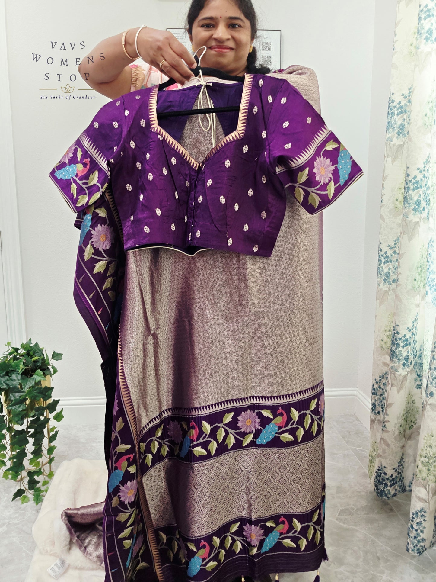 Regal Lavender Taupe Tissue Brocade Silk Saree with Floral Woven Border & Stitched Blouse