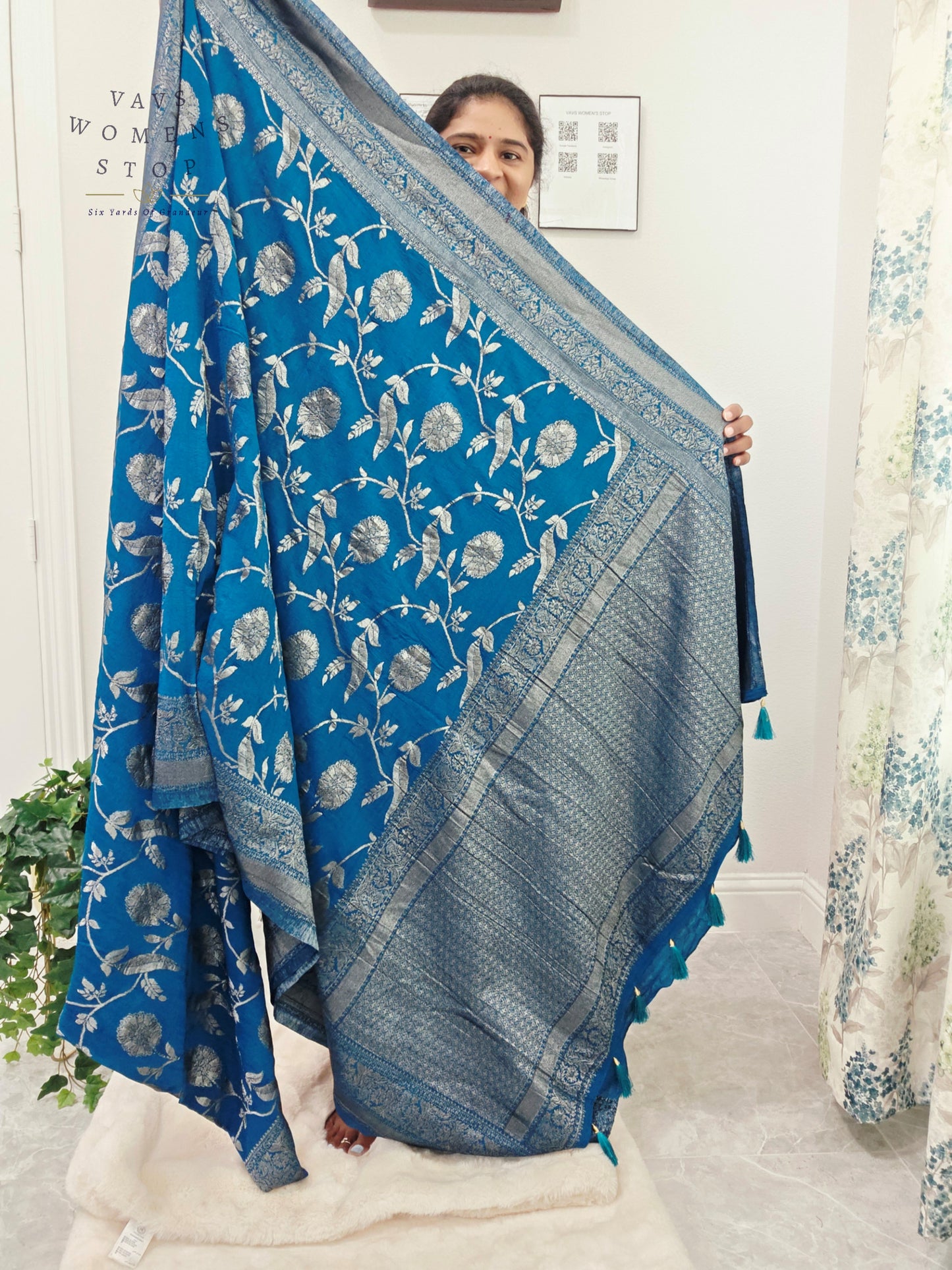 Royal Peacock Blue Semi Tussar Georgette Saree with Silver Meenakari Weave & Stitched Blouse Size 38-44