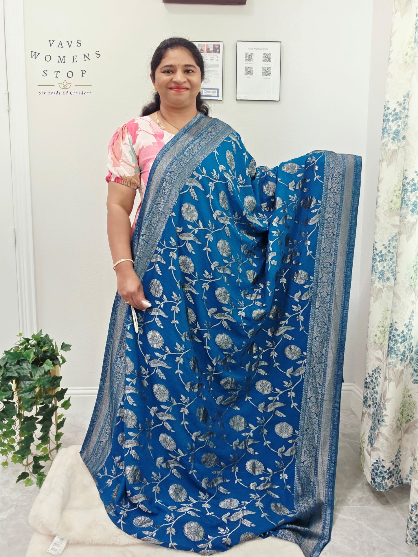 Royal Peacock Blue Semi Tussar Georgette Saree with Silver Meenakari Weave & Stitched Blouse Size 38-44