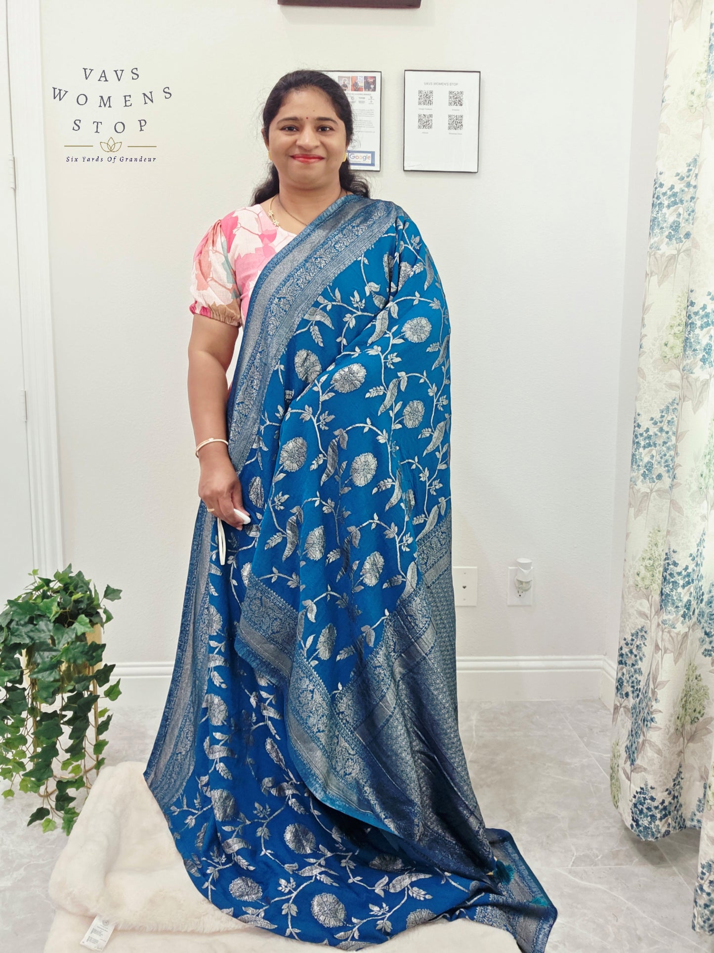 Royal Peacock Blue Semi Tussar Georgette Saree with Silver Meenakari Weave & Stitched Blouse Size 38-44