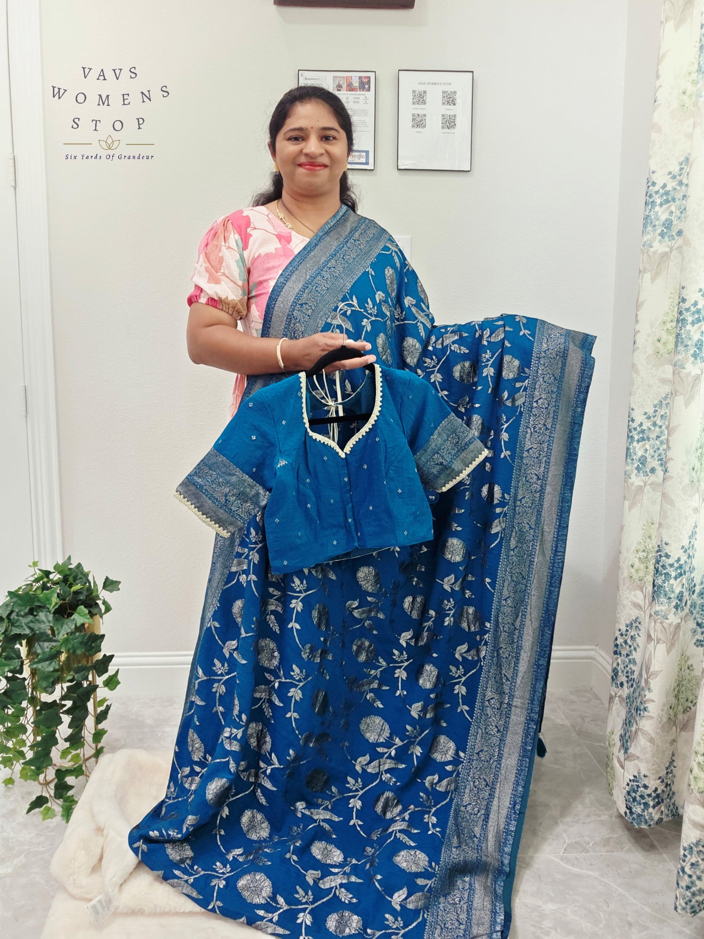 Royal Peacock Blue Semi Tussar Georgette Saree with Silver Meenakari Weave & Stitched Blouse Size 38-44
