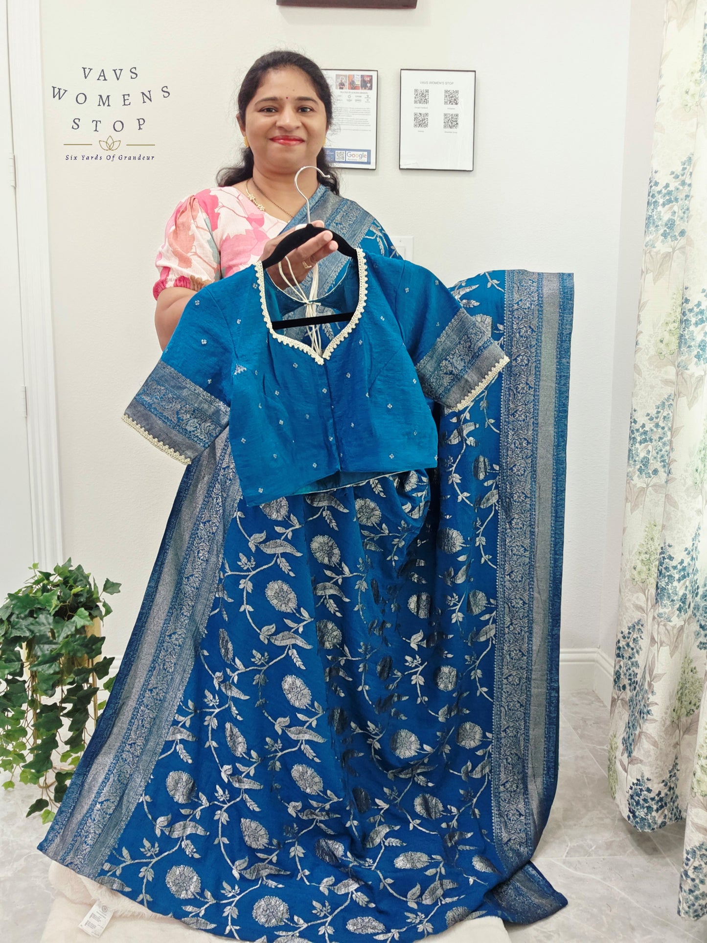 Royal Peacock Blue Semi Tussar Georgette Saree with Silver Meenakari Weave & Stitched Blouse Size 38-44