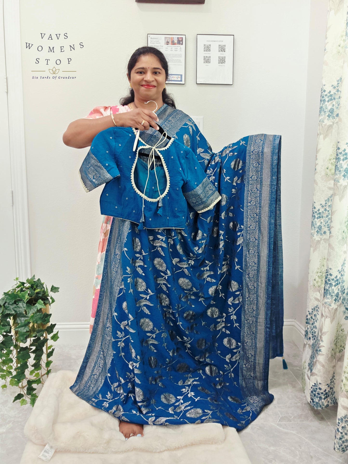 Royal Peacock Blue Semi Tussar Georgette Saree with Silver Meenakari Weave & Stitched Blouse Size 38-44