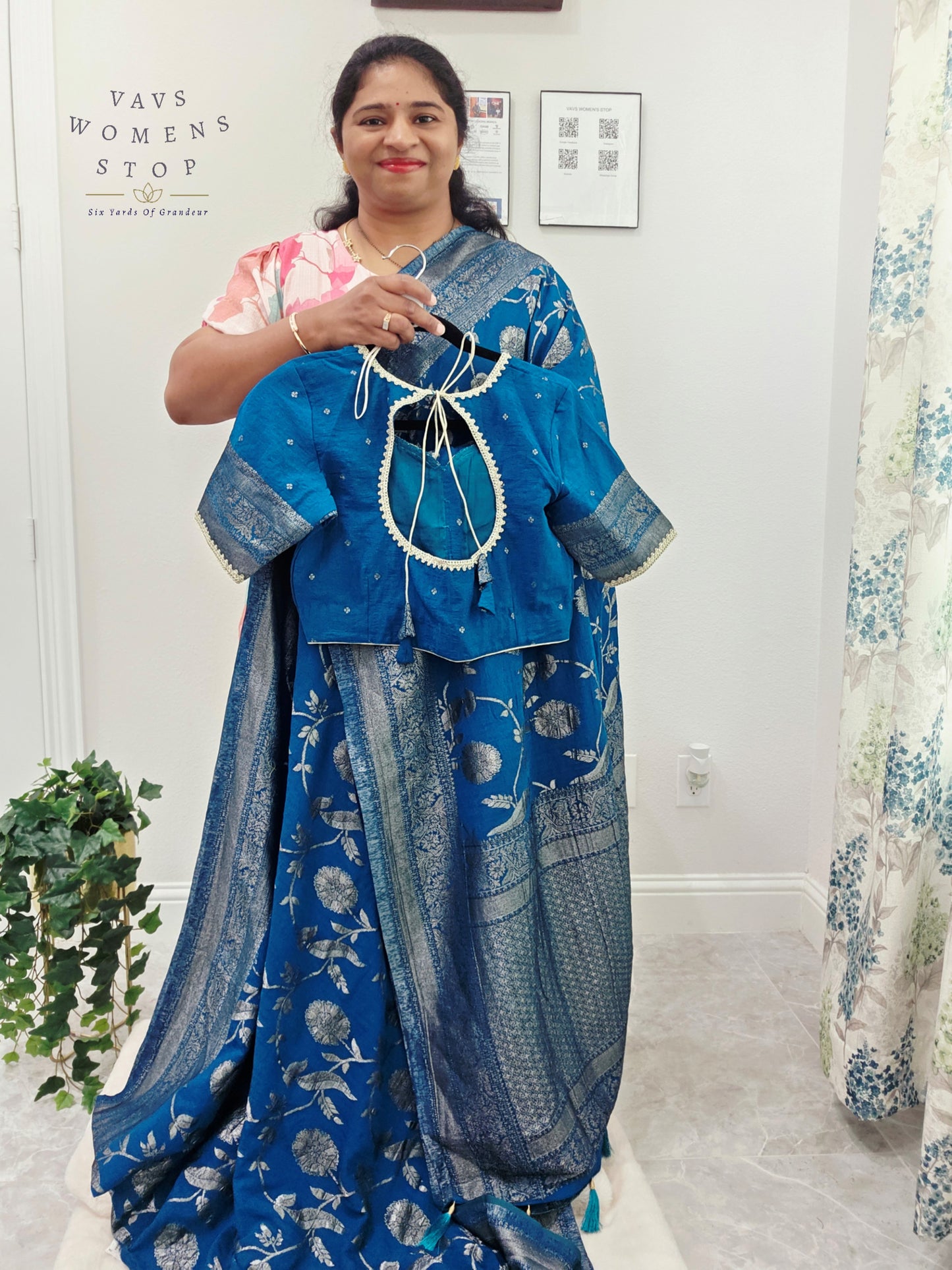 Royal Peacock Blue Semi Tussar Georgette Saree with Silver Meenakari Weave & Stitched Blouse Size 38-44