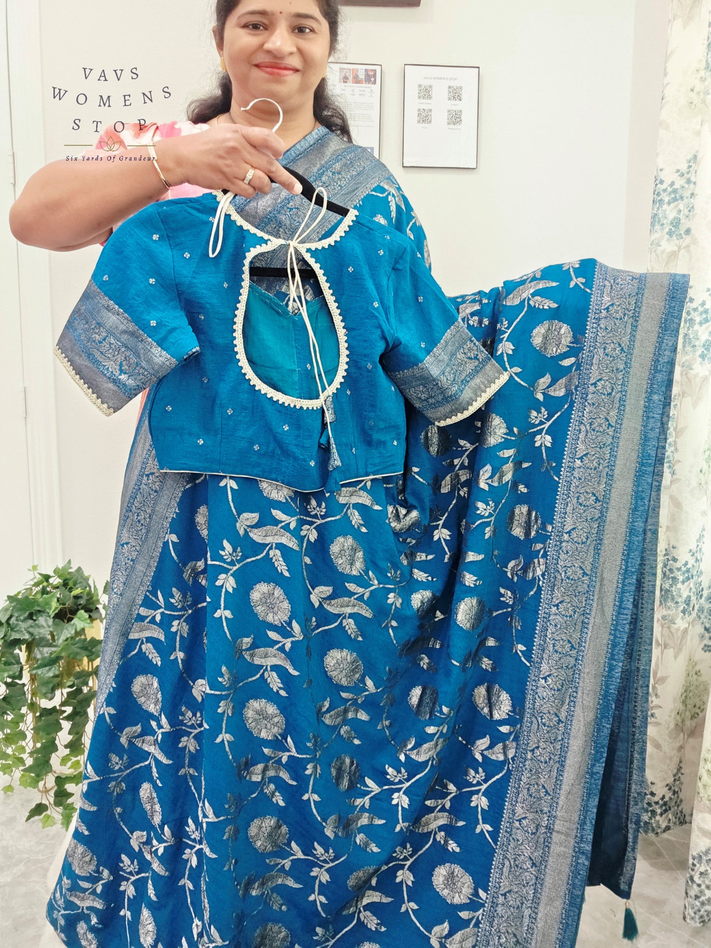 Royal Peacock Blue Semi Tussar Georgette Saree with Silver Meenakari Weave & Stitched Blouse Size 38-44