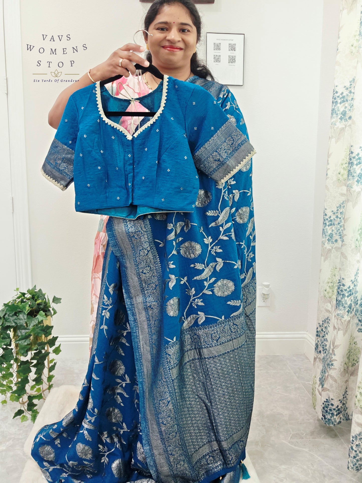 Royal Peacock Blue Semi Tussar Georgette Saree with Silver Meenakari Weave & Stitched Blouse Size 38-44