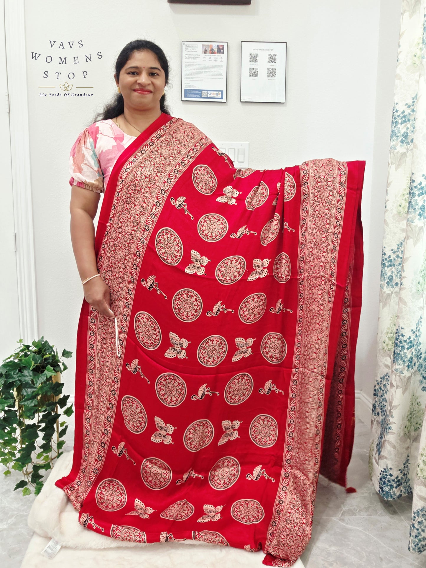Vintage Ajrakh Semi Modal Silk Saree with Stitched Blouse Size 38-44