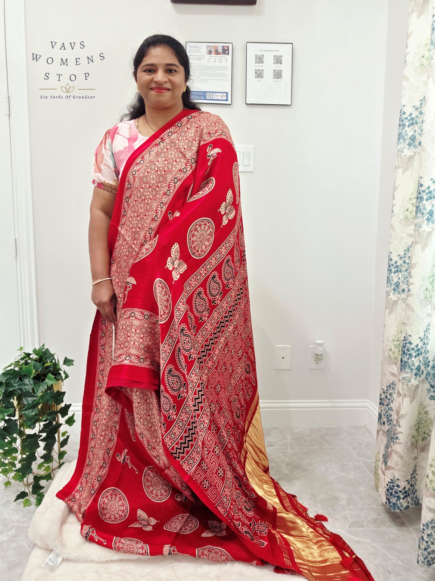 Vintage Ajrakh Semi Modal Silk Saree with Stitched Blouse Size 38-44